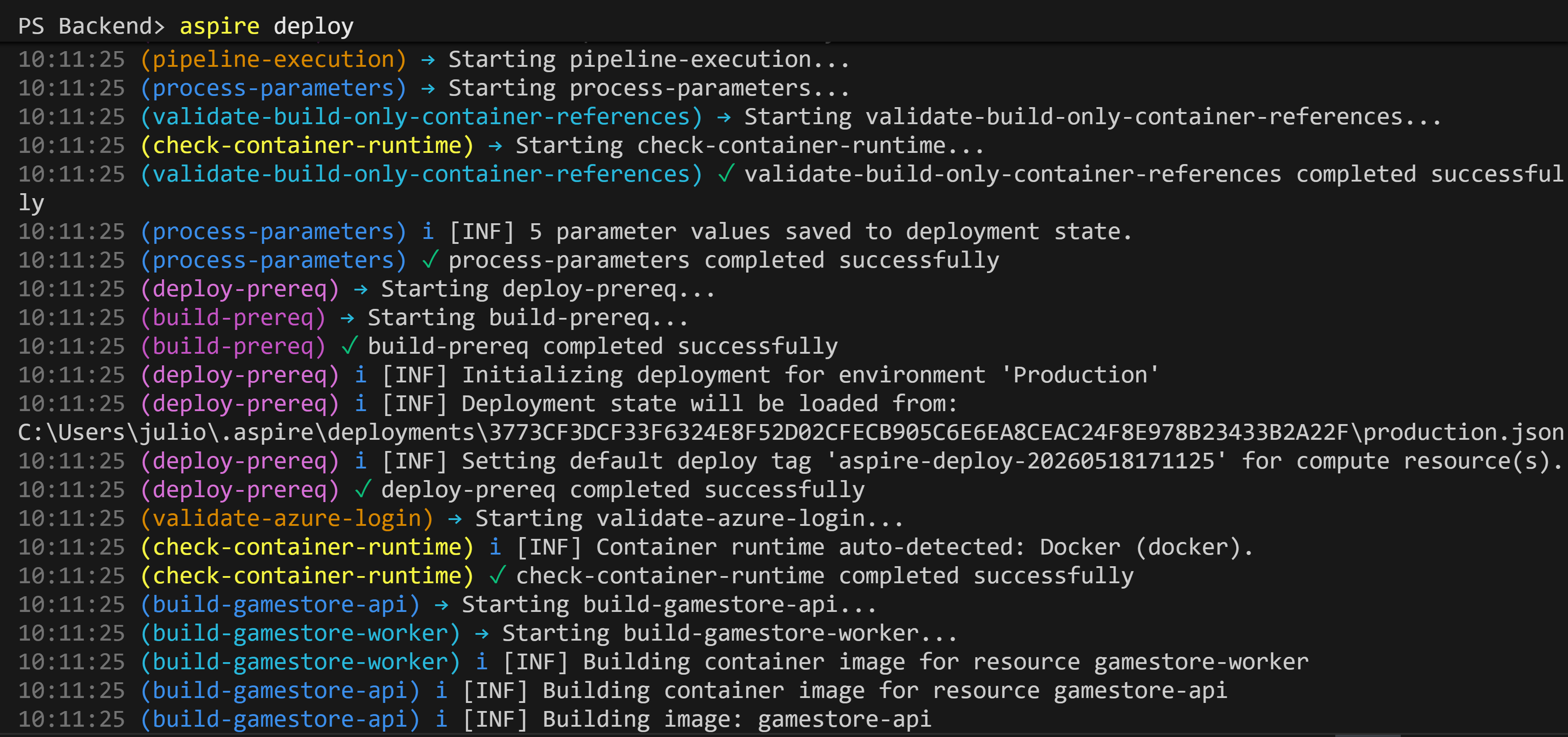 aspire deploy CLI output: pipeline steps running through validate, process parameters, deploy-prereq, validate-azure-login, container runtime check, and building container images for gamestore-api and gamestore-worker.