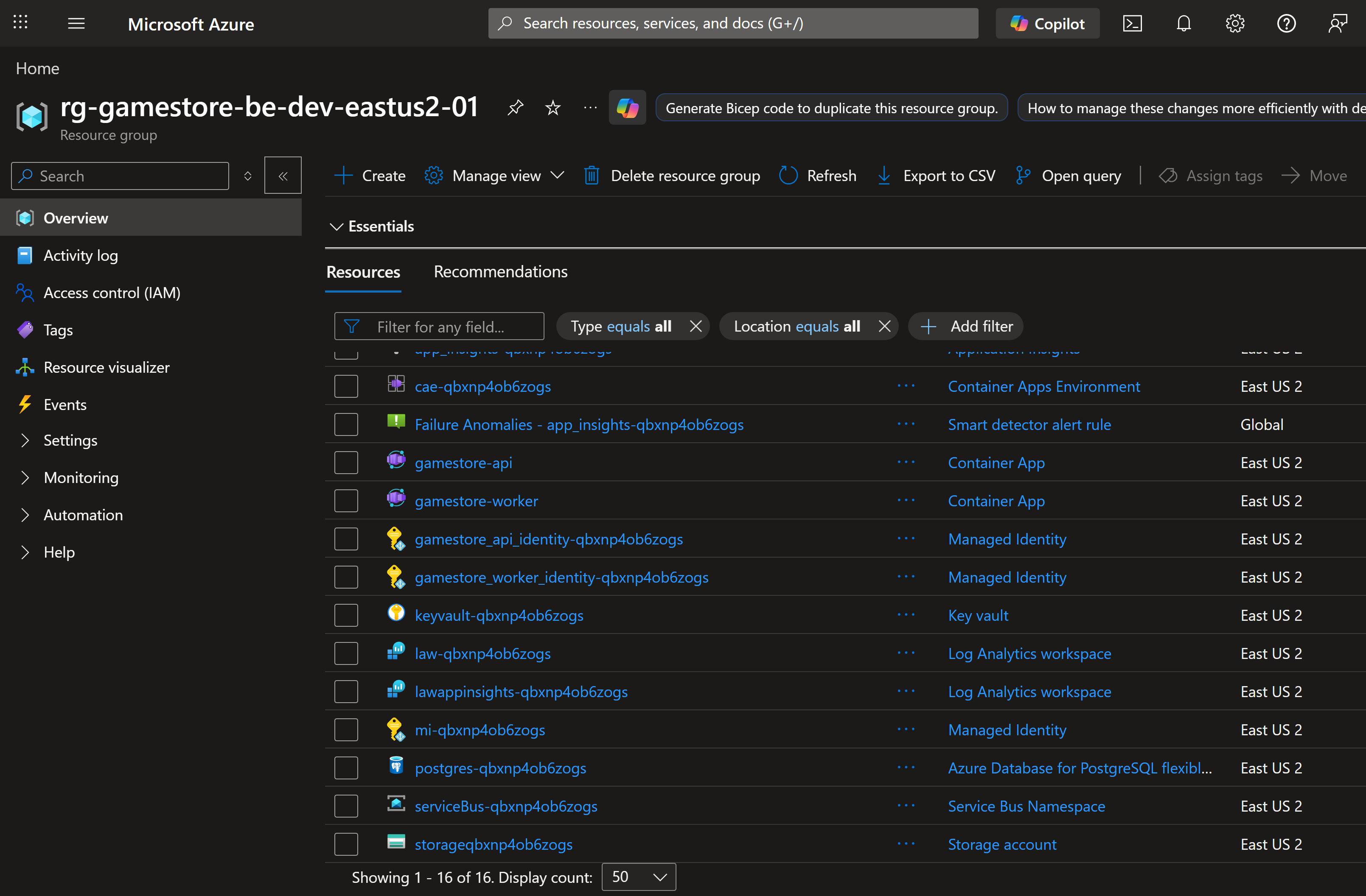 Azure portal resource group view showing every resource Aspire provisioned: Container Apps, Container Registry, Postgres Flexible Server, Storage account, and supporting infrastructure.