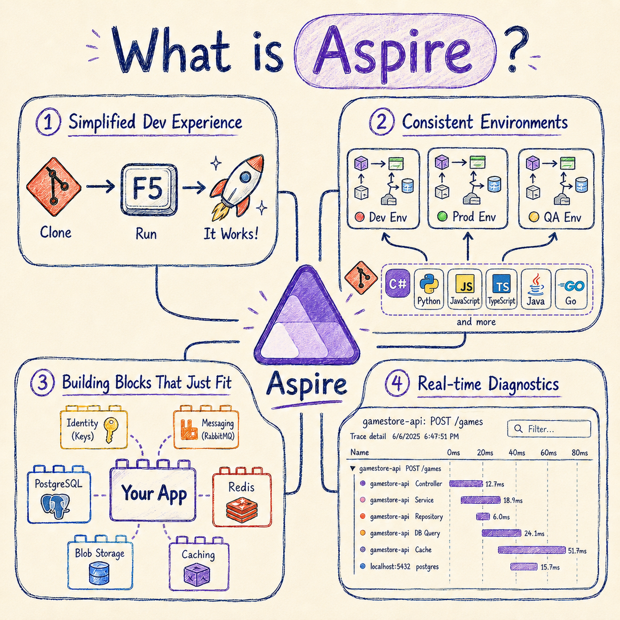 What is Aspire: simplified dev experience, consistent environments, building blocks that just fit, real-time diagnostics.