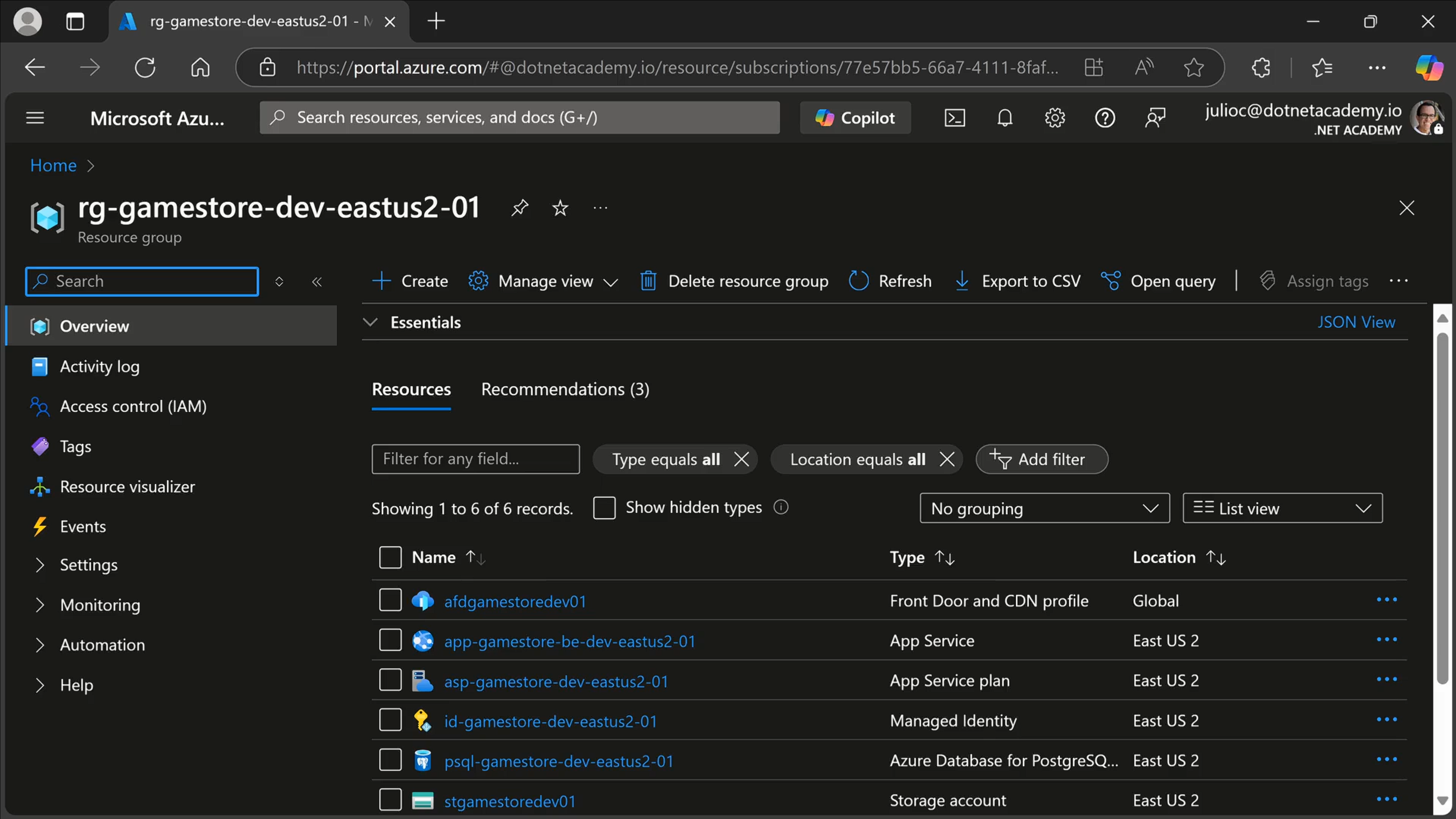 The Game Store resource group in the Azure Portal: App Service, App Service plan, Azure Front Door, Azure Database for PostgreSQL, Storage account, and a Managed Identity, all provisioned and deployed across the course.