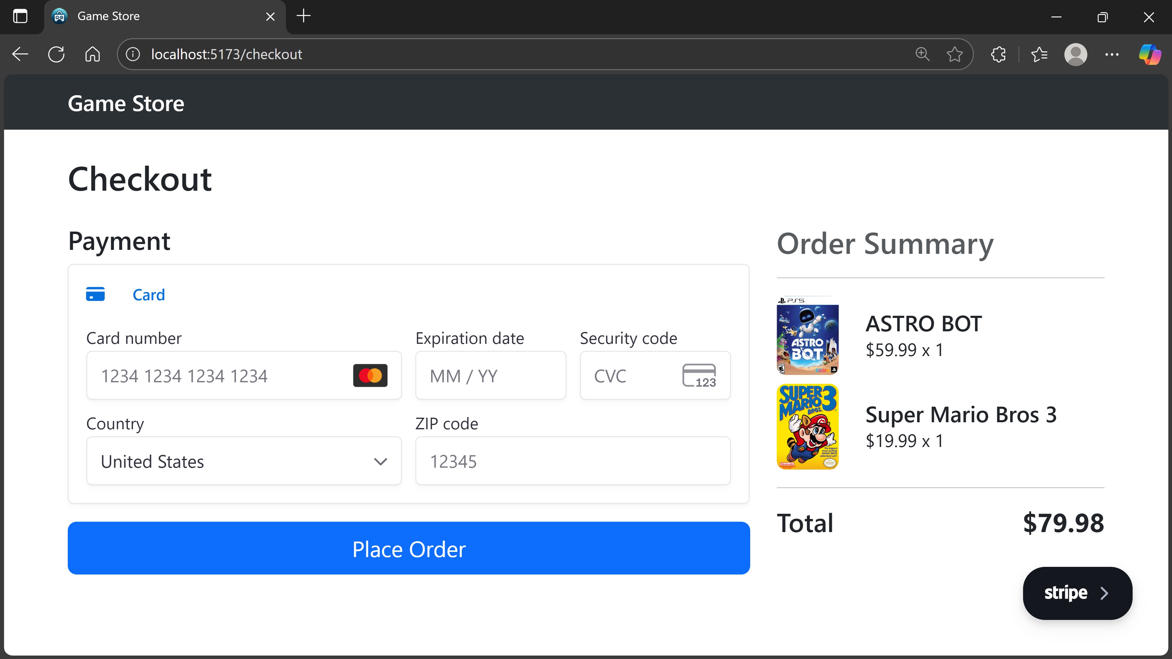 The real Stripe Checkout UI students wire into the Game Store.