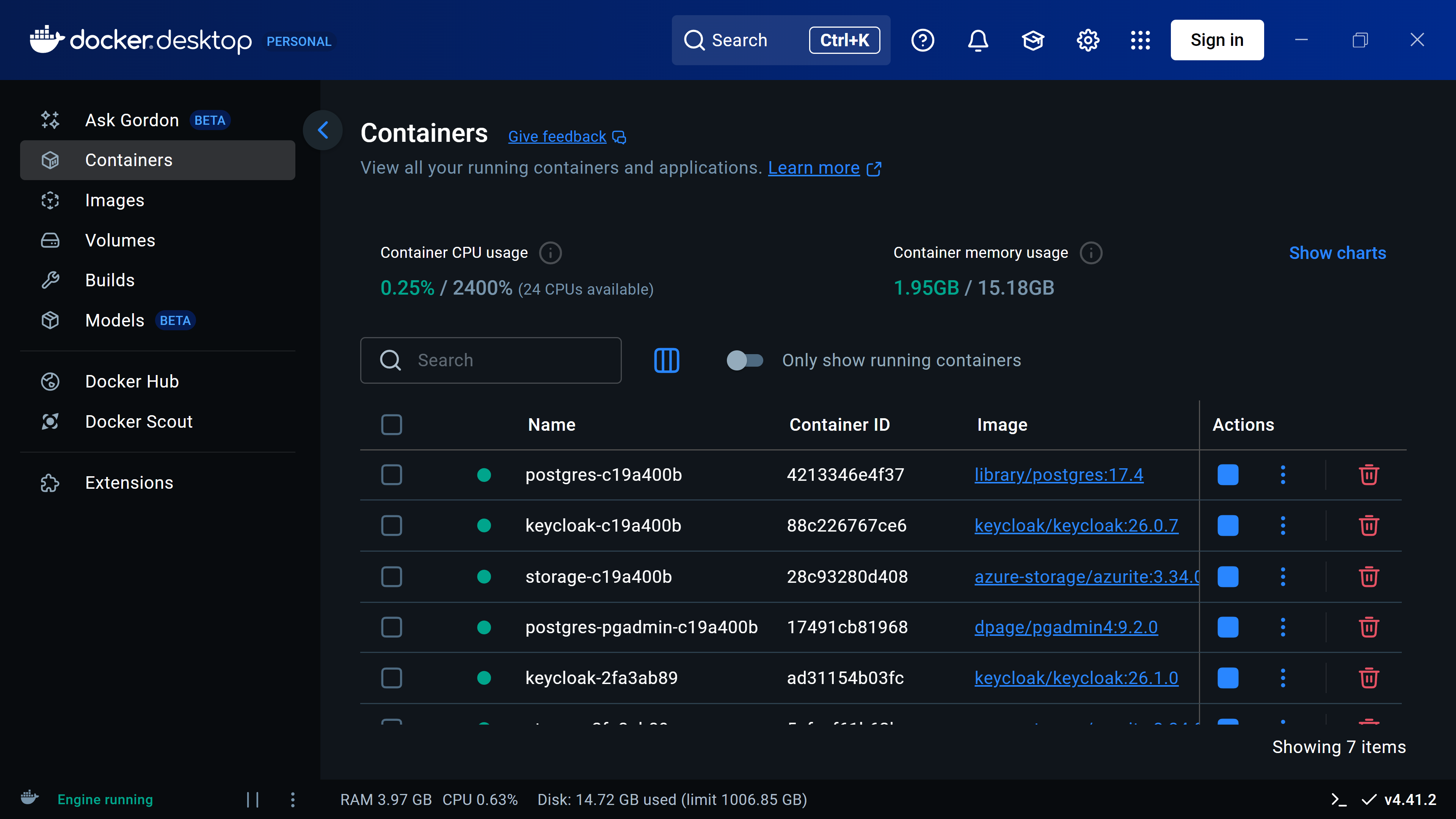 Docker Desktop showing the Game Store containers running locally.