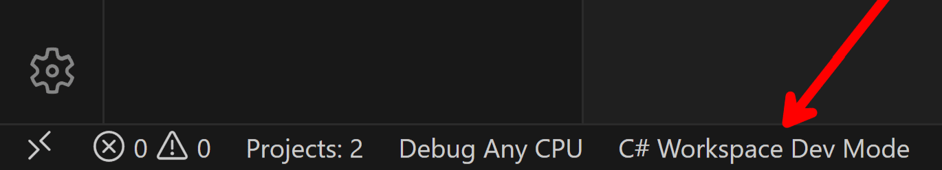 VS Code status bar showing C# Workspace Dev Mode when no solution is open.