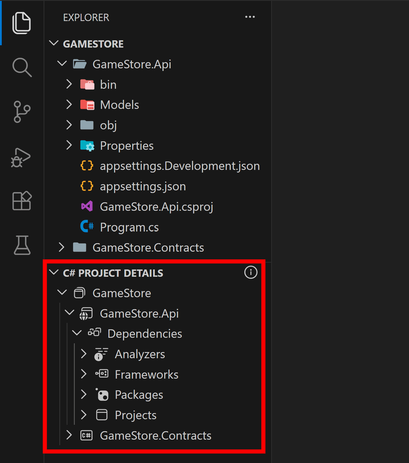 The C# Project Details panel in VS Code showing project dependencies, packages, frameworks, and linked files.