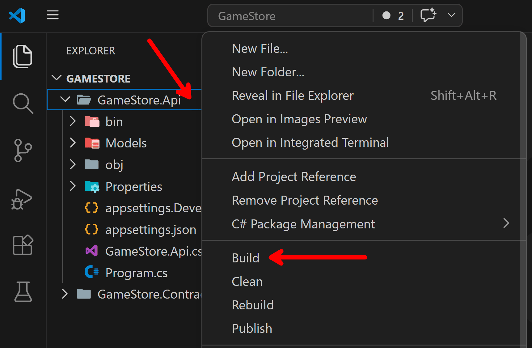 VS Code Explorer context menu showing C# project commands after Solution Explorer was removed