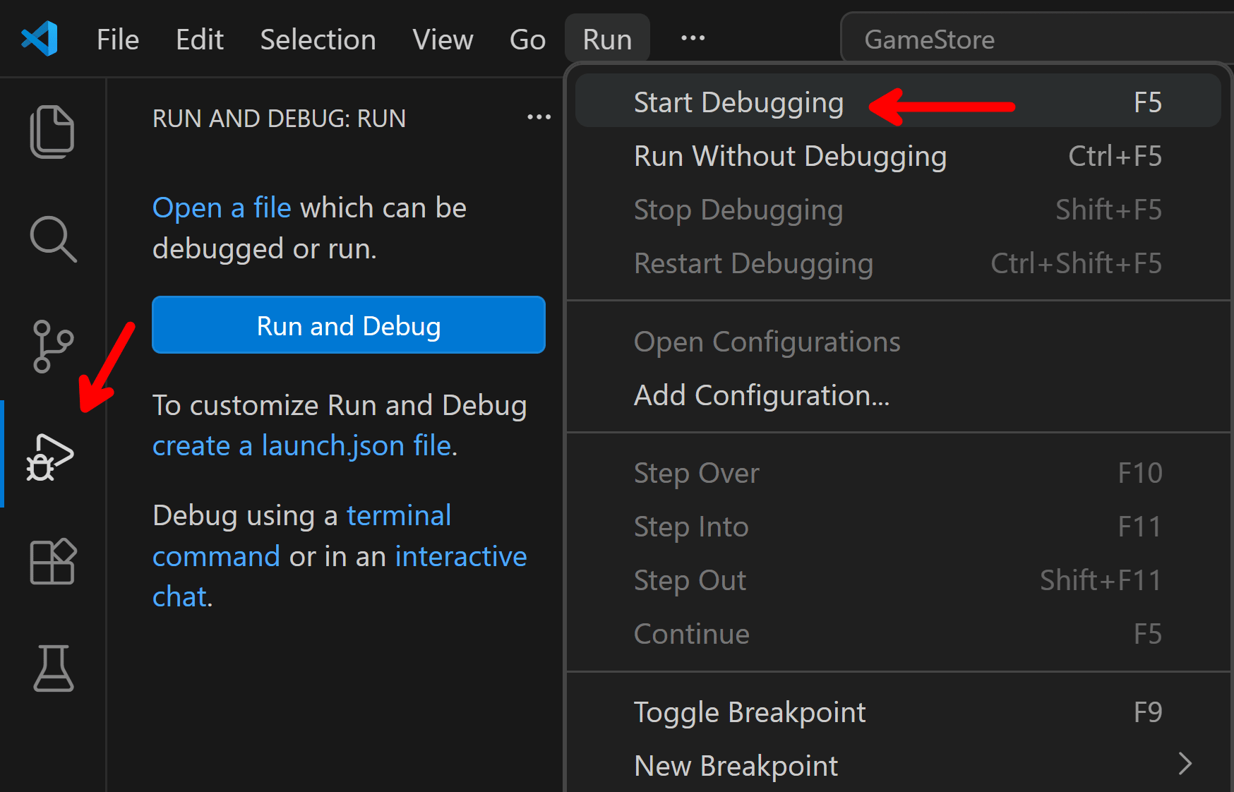 The VS Code Run menu showing Run Without Debugging and Start Debugging commands.