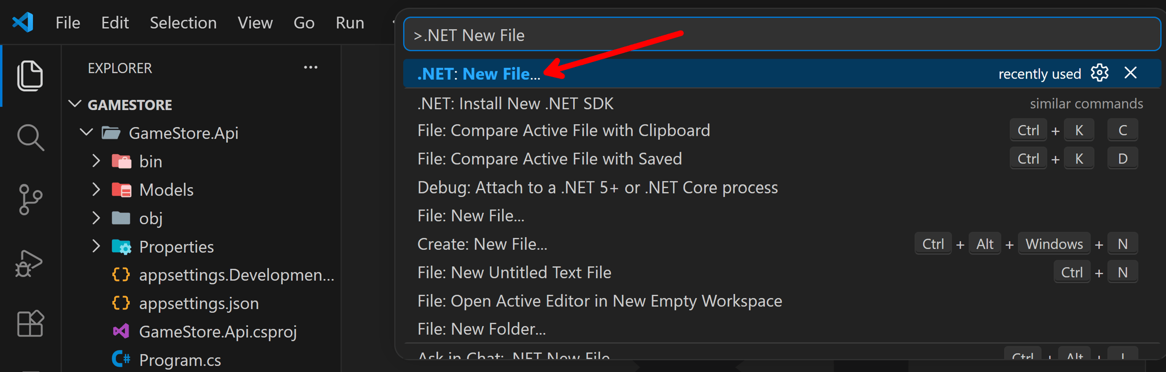 The VS Code Command Palette showing the .NET: New File command.