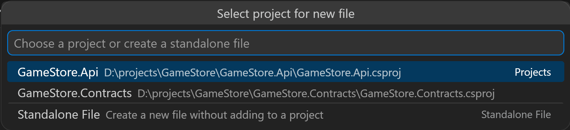 The .NET New File flow asking which project should receive the new file.