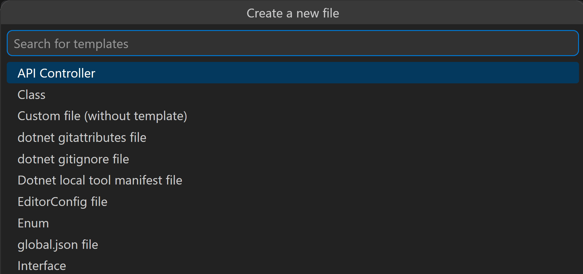 The .NET New File flow showing C# item templates.