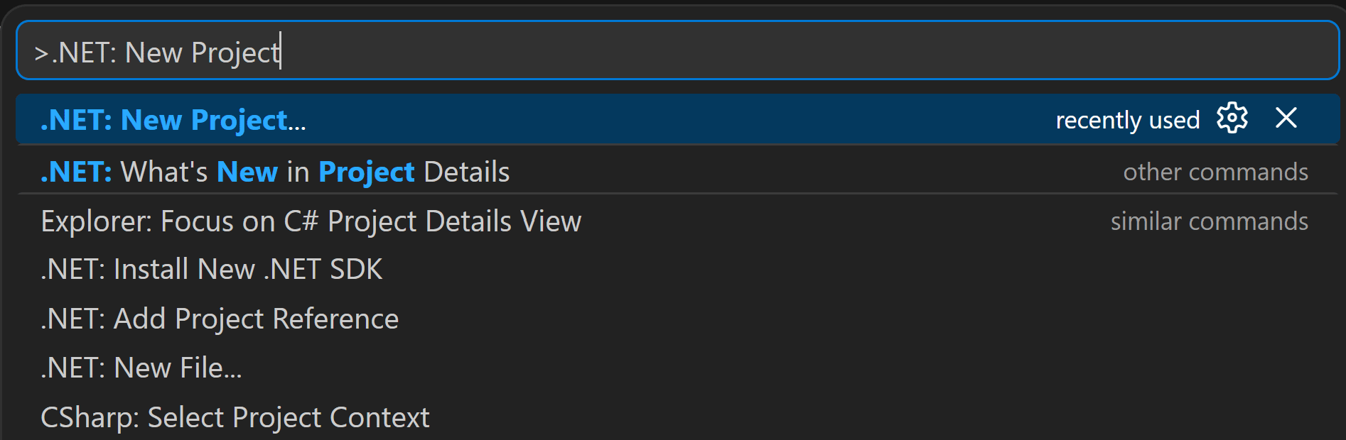 The VS Code Command Palette showing the .NET: New Project command.