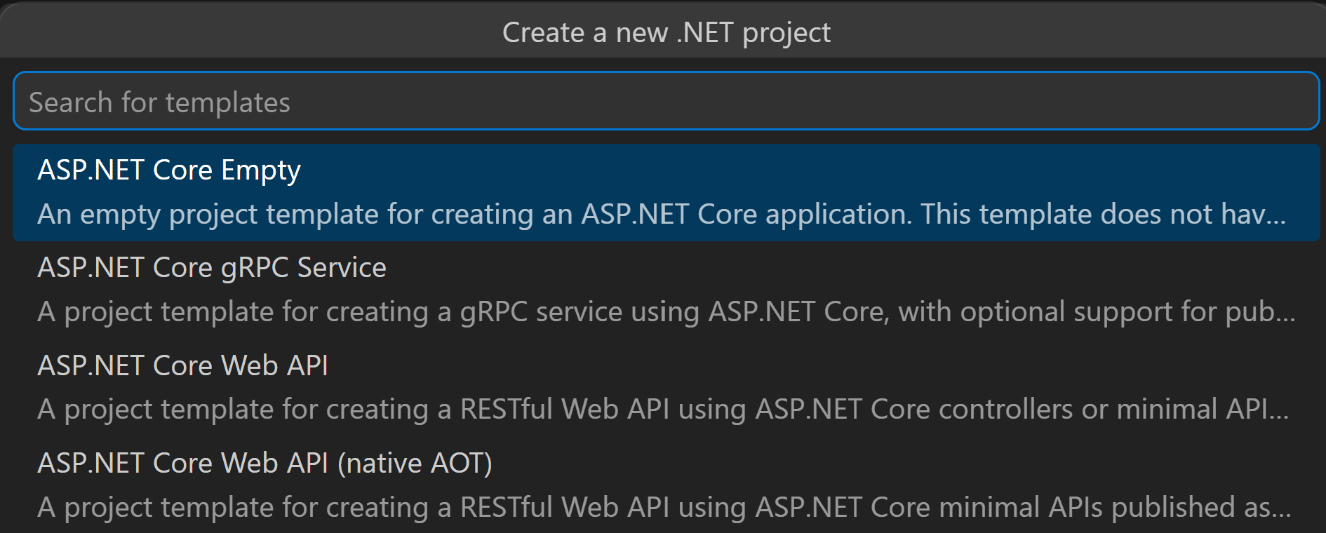 The .NET New Project flow showing project template selection.