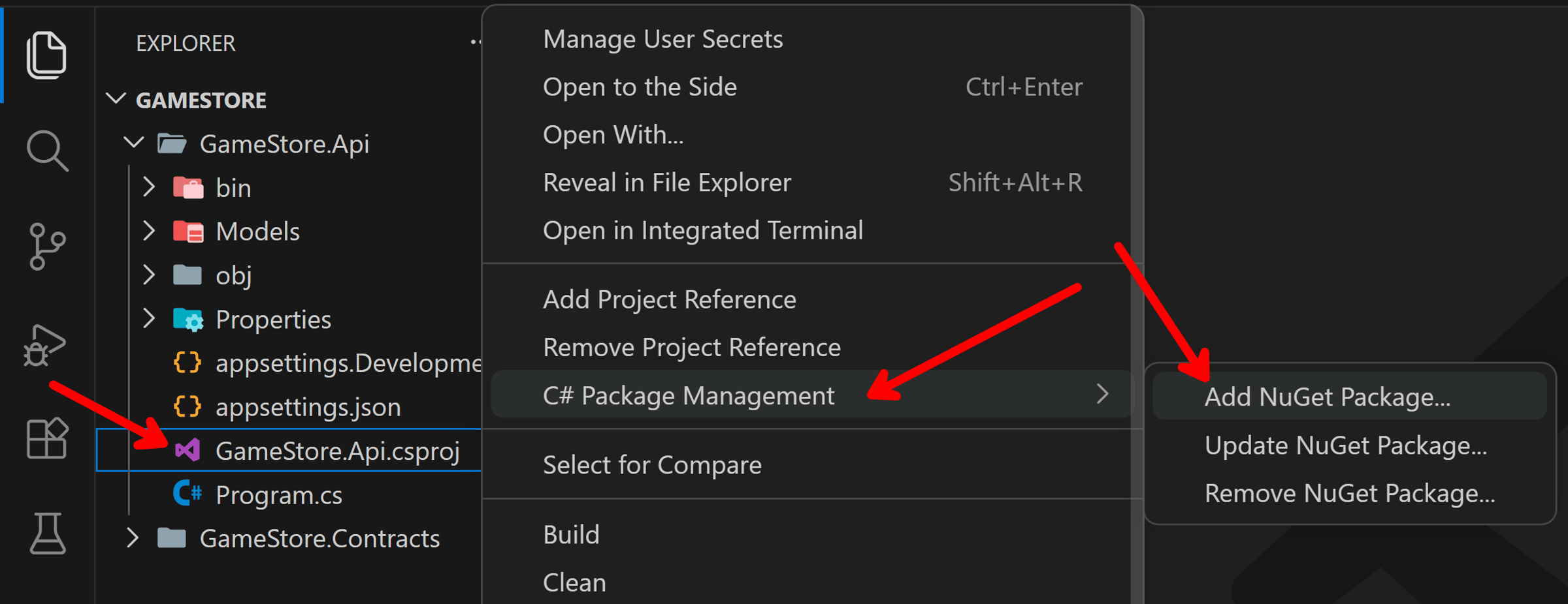 The VS Code Explorer context menu showing NuGet package management options for a C# project.