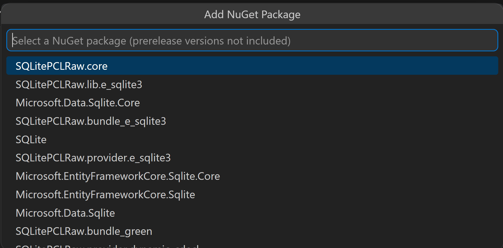 The NuGet package search flow in VS Code showing package selection.