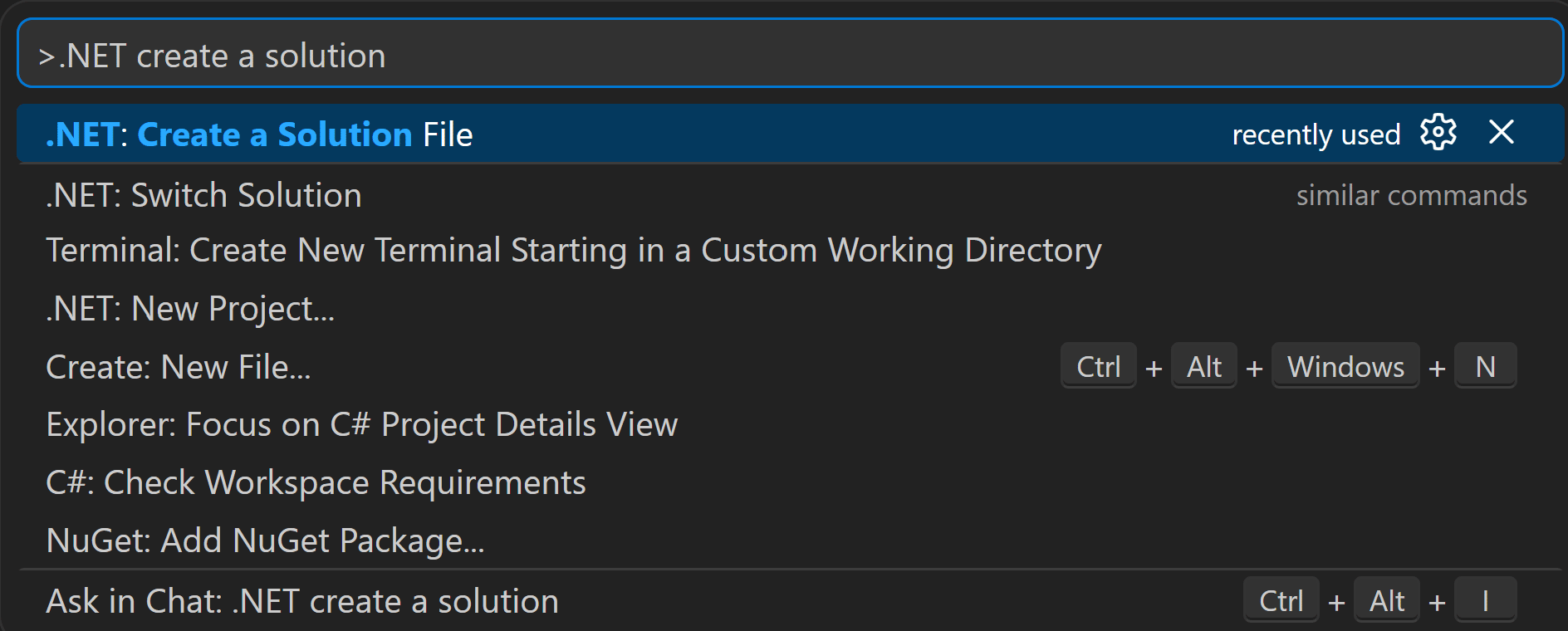 The VS Code Command Palette showing the .NET: New Solution command.