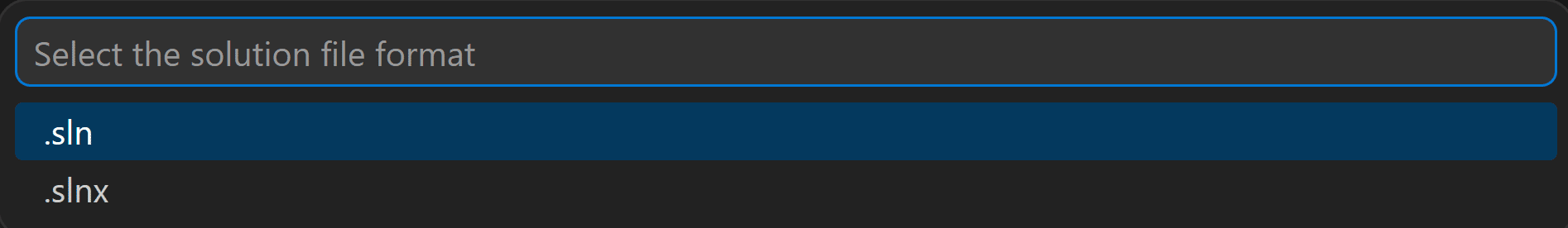 The .NET New Solution flow asking whether to create an sln or slnx file.