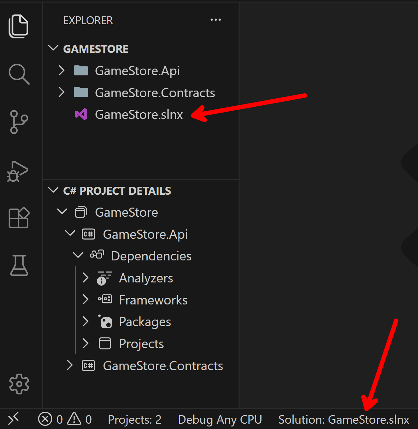 VS Code showing an opened solution file as the active project discovery root.