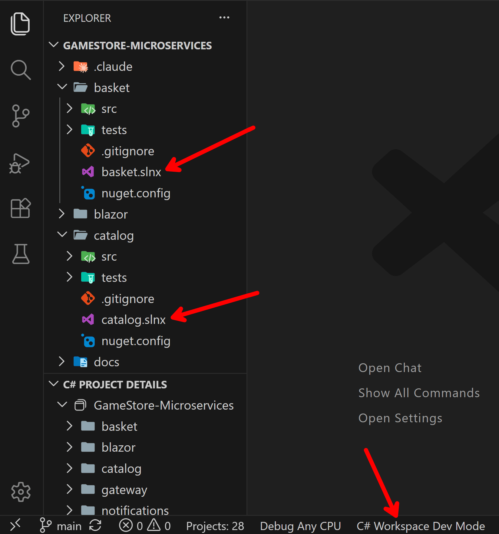VS Code showing C# Workspace Dev Mode in a repository with multiple solution files.