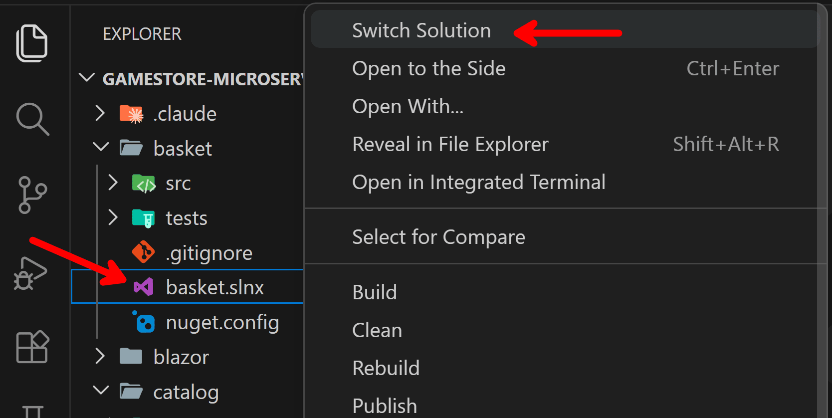 The VS Code Explorer context menu for selecting a solution file as the active workspace solution.