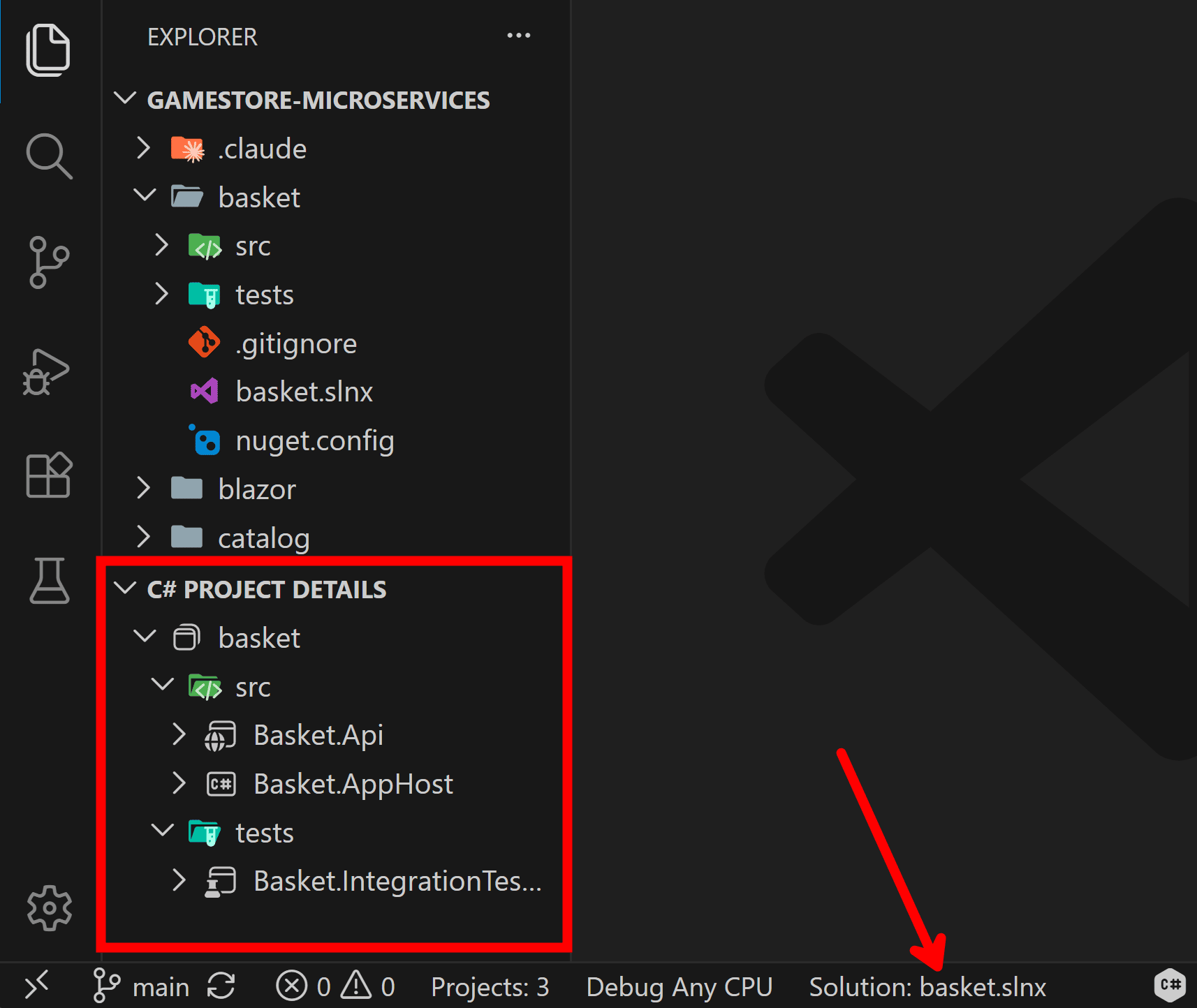 VS Code showing C# Project Details and the status bar after selecting a specific solution.
