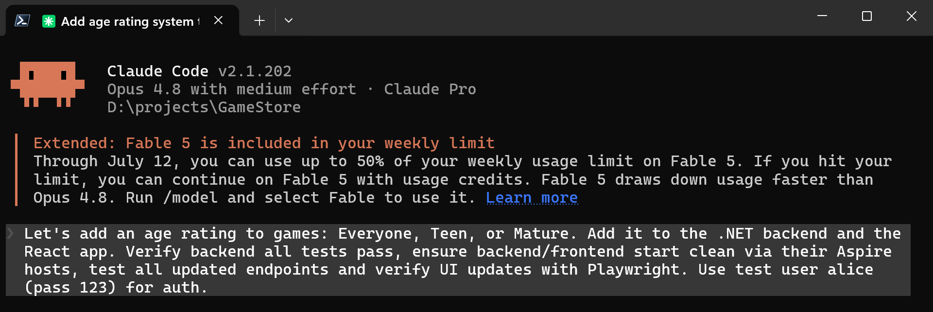 Claude Code started in a terminal at the GameStore root folder with the prompt entered.