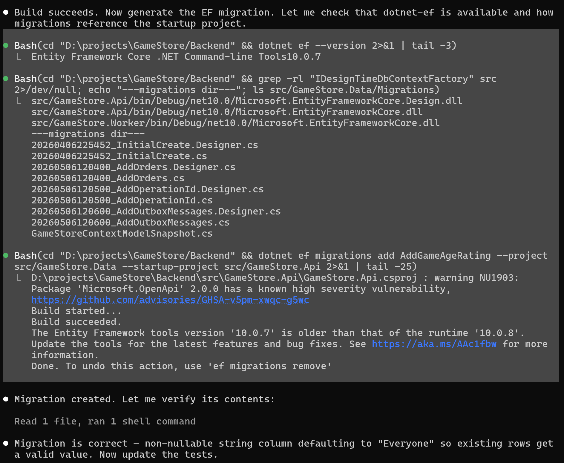 Claude Code generating the EF Core migration and checking its contents.