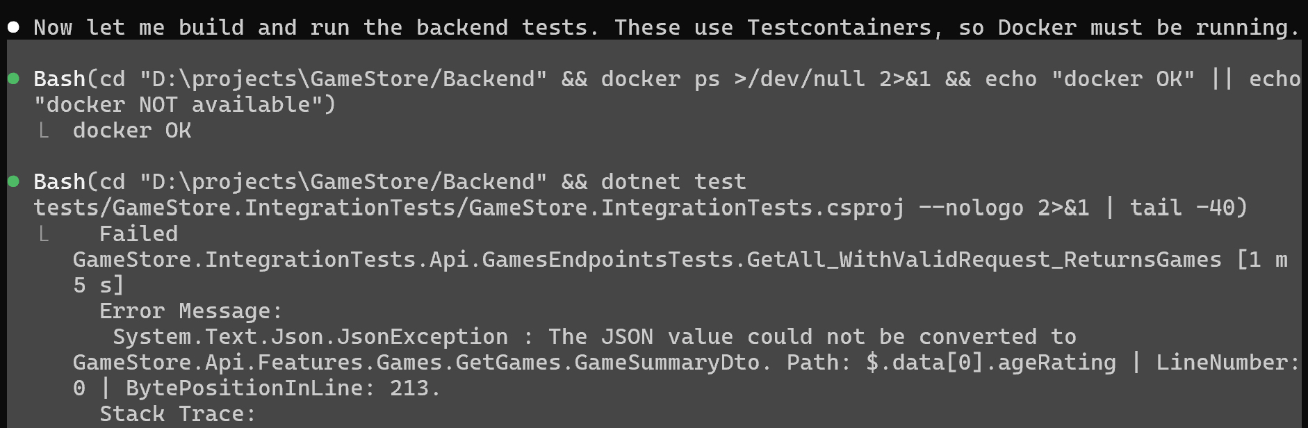 Claude Code running the backend test suite for the first time and hitting a real failure.
