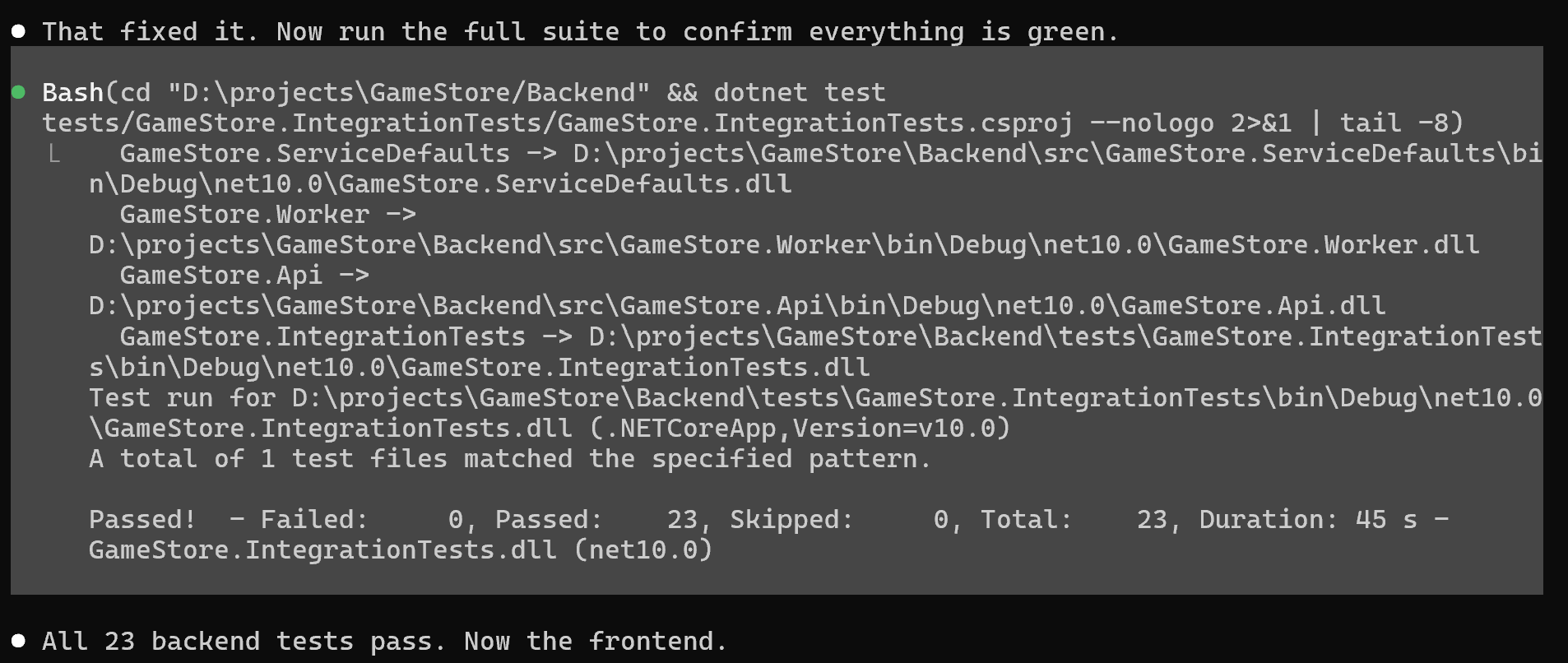 Claude Code running the backend test suite and confirming all 23 tests pass.