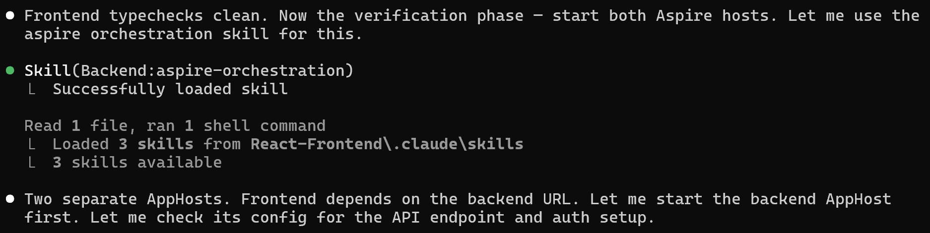 Claude Code loading the Aspire skill and working out the two-AppHost setup.