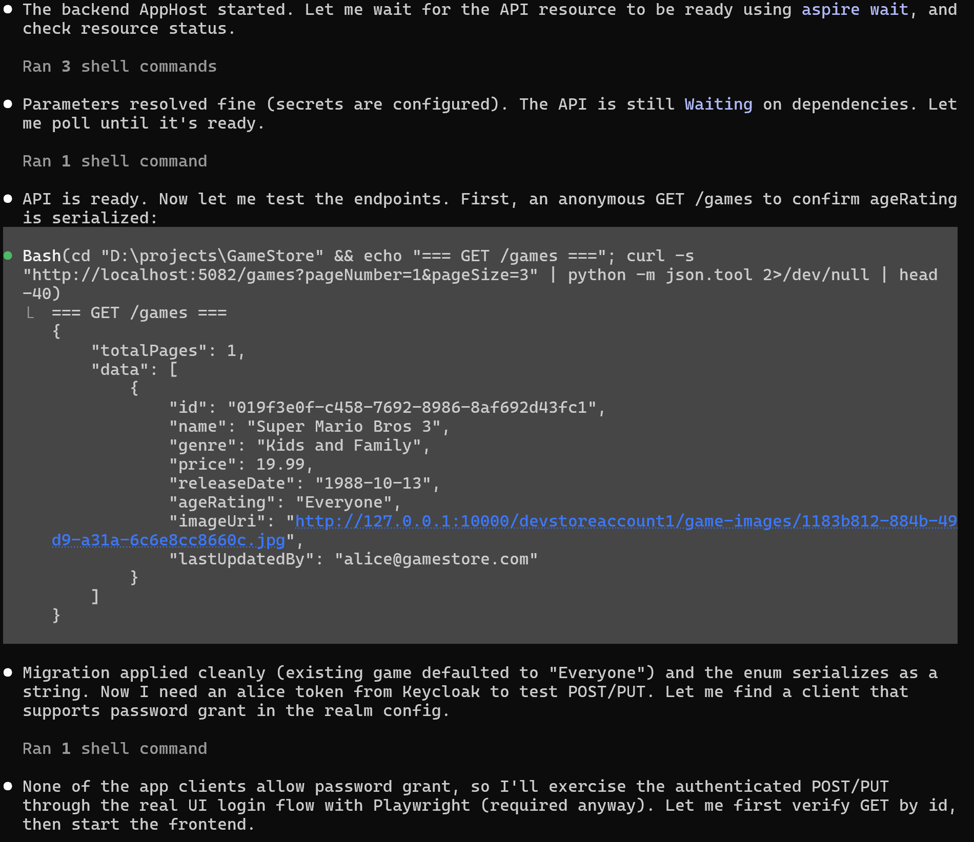 Claude Code checking the running API with curl and finding no password-grant client for testing writes.