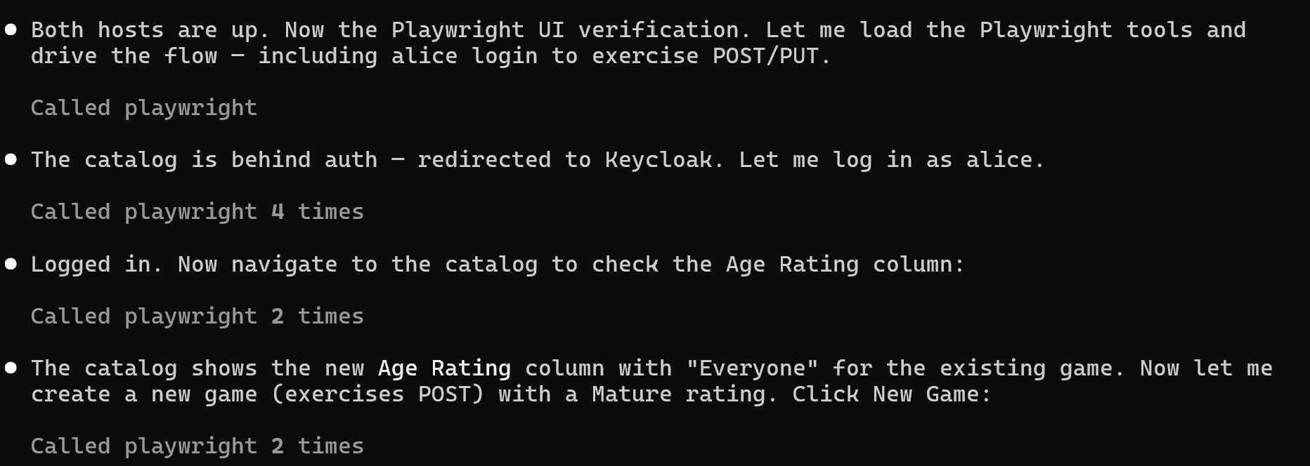 Claude Code driving Playwright through the Keycloak login and the catalog check.