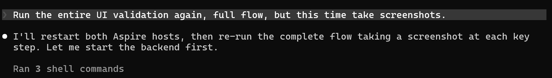 The follow-up prompt asking Claude Code to redo the UI flow with screenshots.