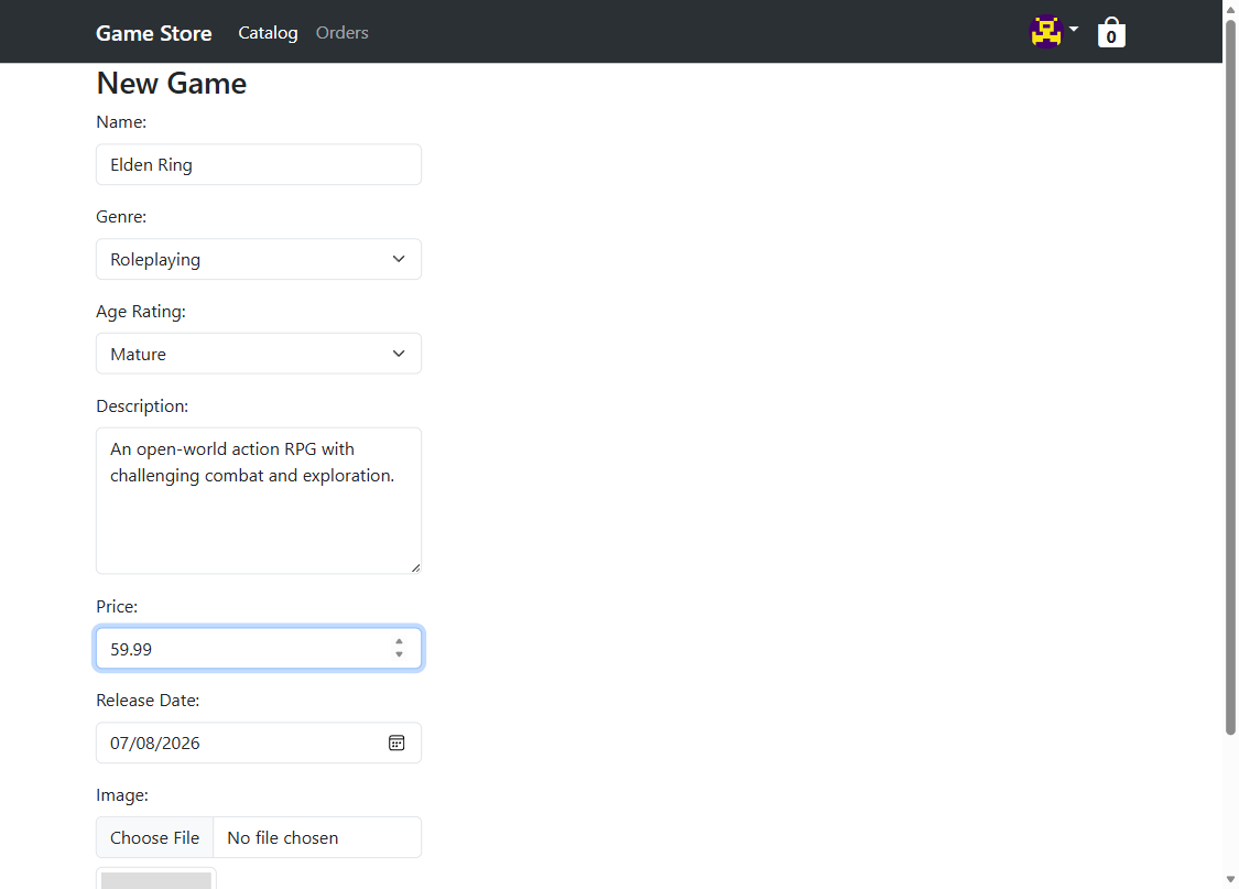 The admin game form with the Age Rating dropdown.