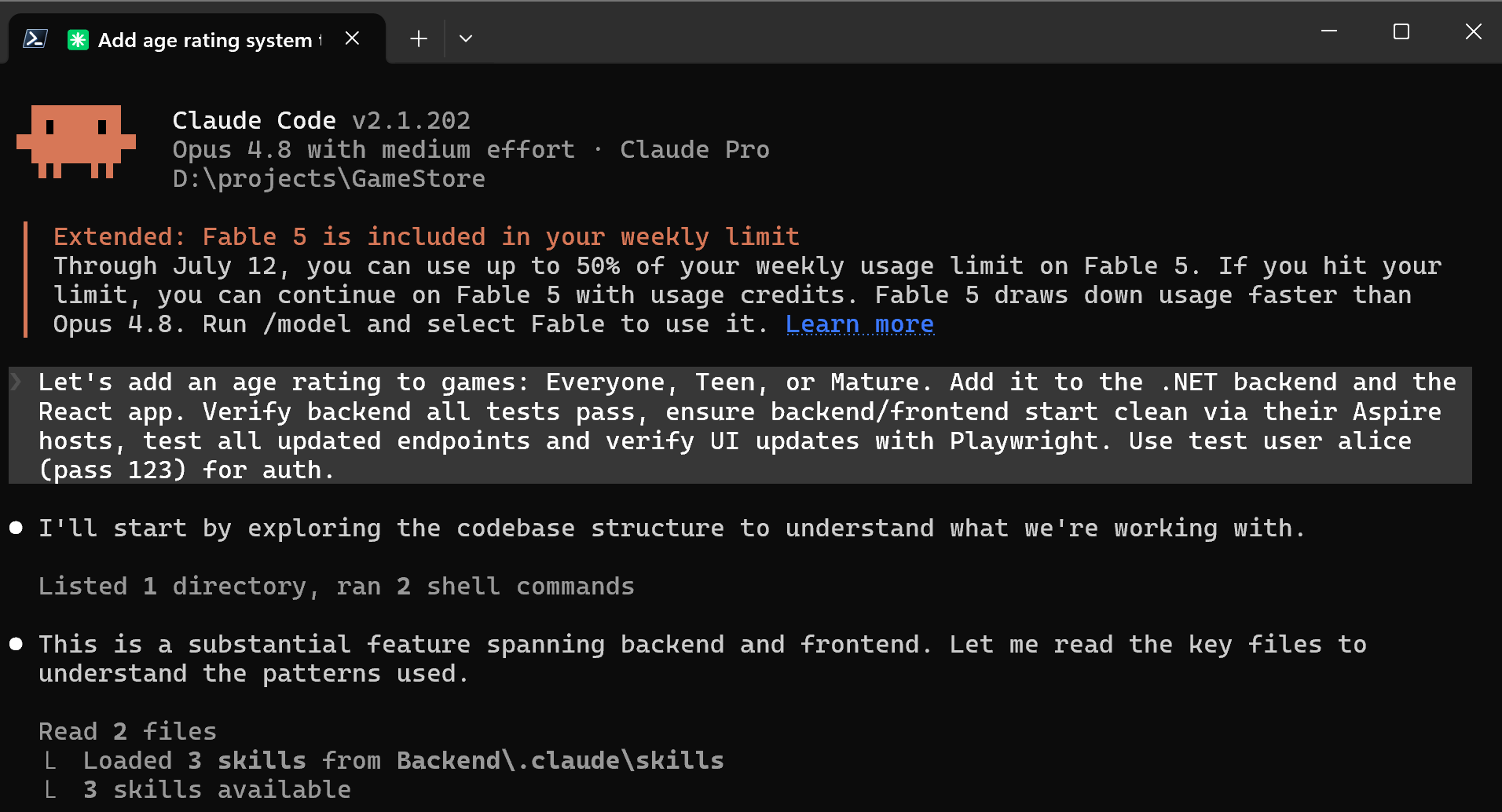 Claude Code running in a terminal while implementing a feature in a .NET codebase