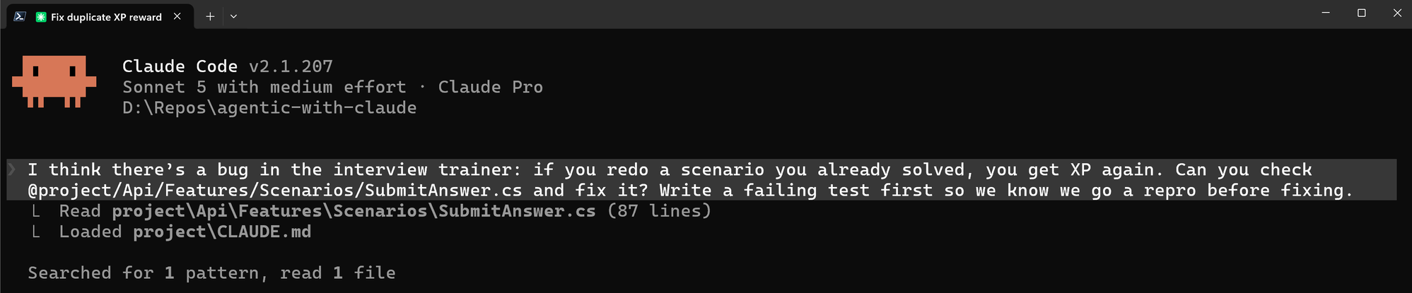 The opening prompt in Claude Code reporting the XP replay bug and asking for a failing test first.