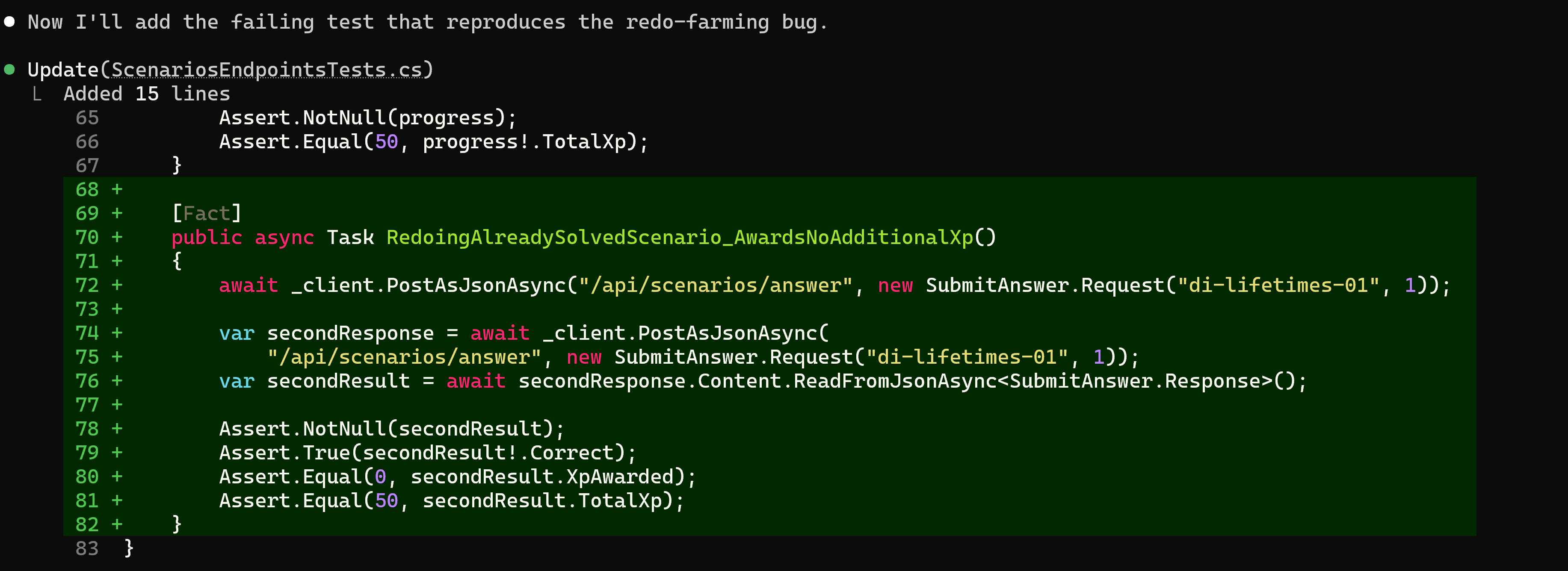 Claude Code writing the failing test that reproduces the XP replay bug.