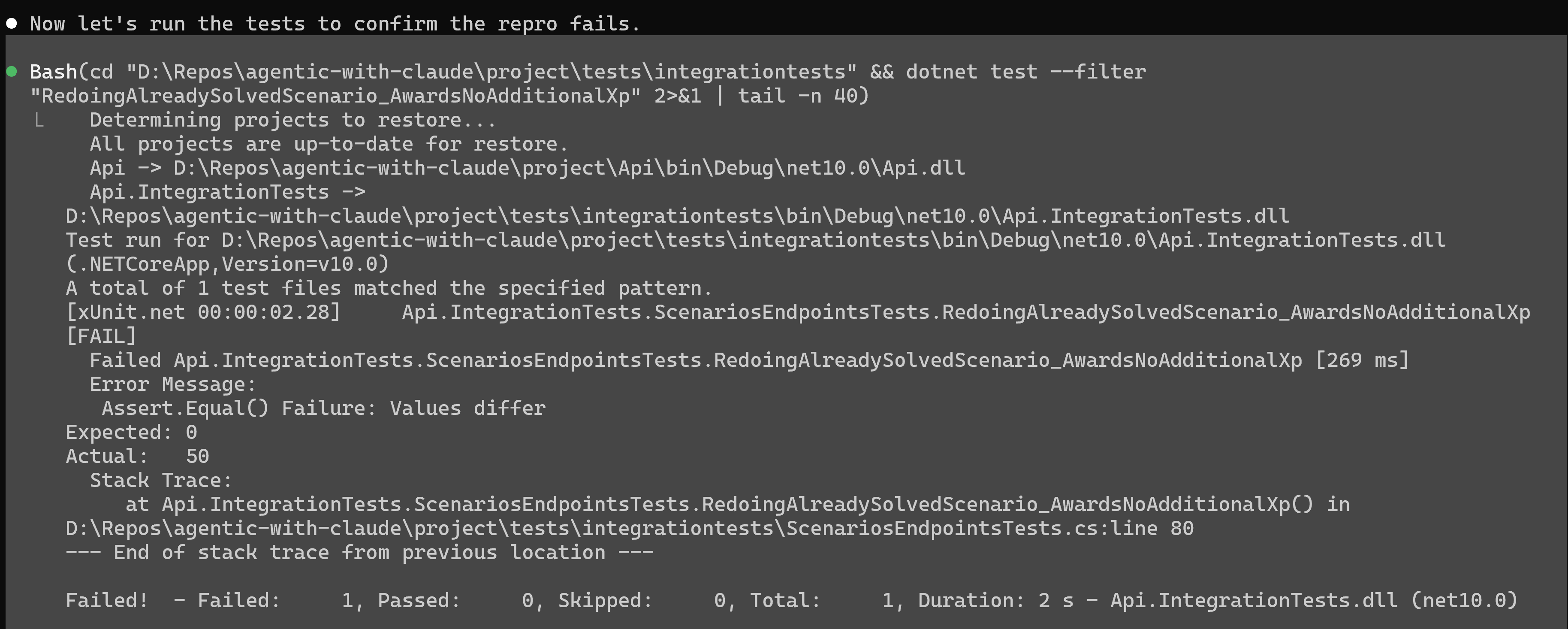The new test failing with Expected 0, Actual 50, confirming the repro.