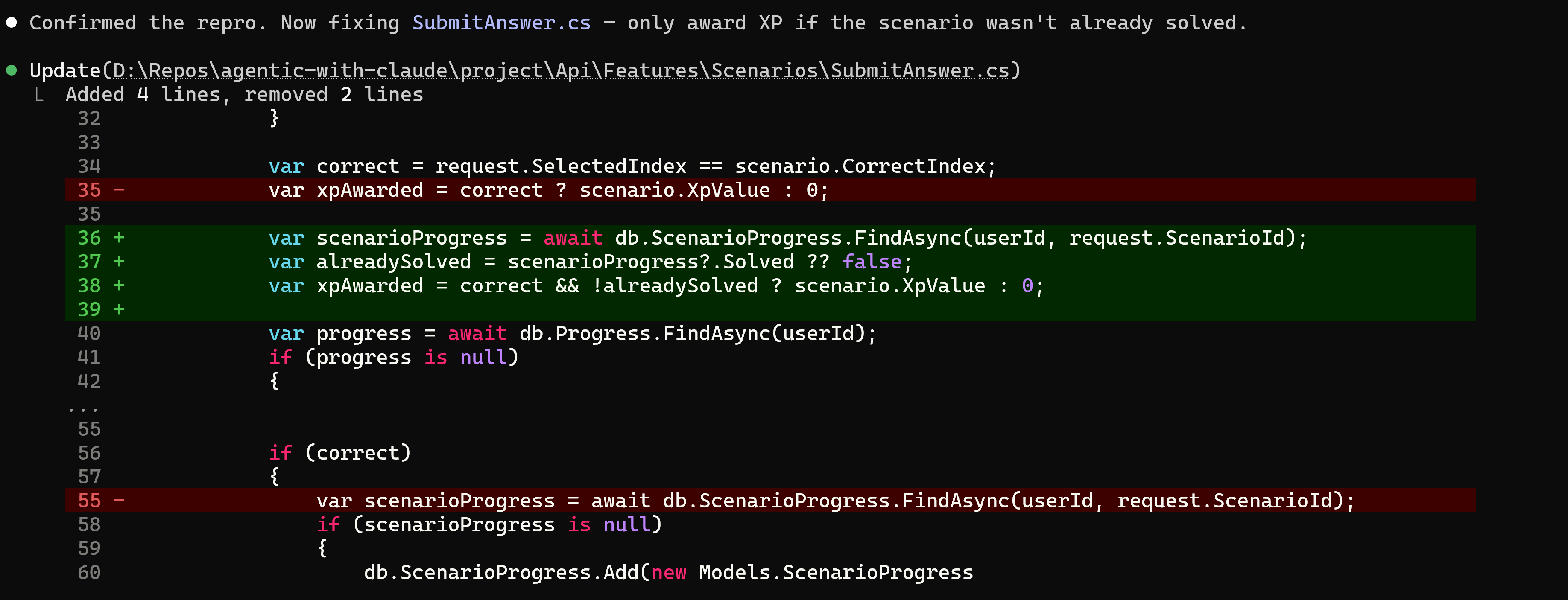 The diff for SubmitAnswer.cs, looking up ScenarioProgress and gating the XP award on correct and not already solved.