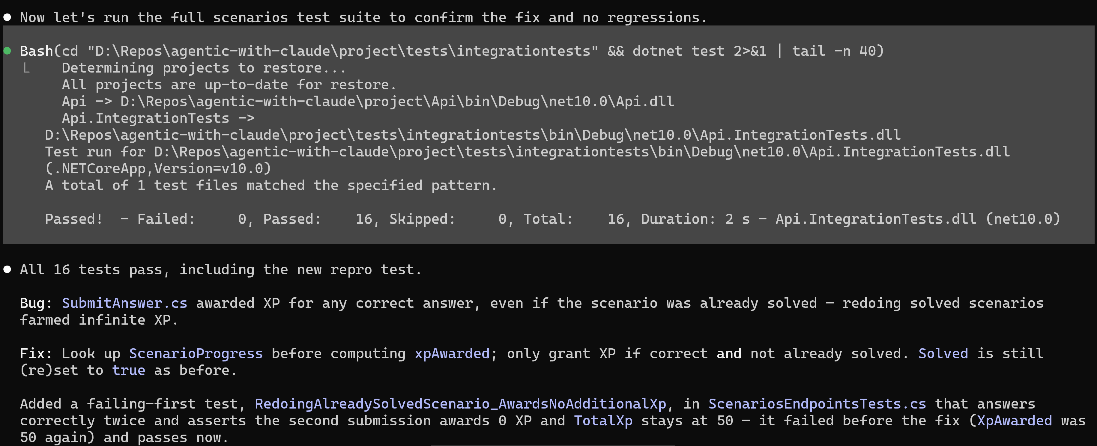 The full test suite passing 16 of 16, with Claude's summary of the bug and fix.