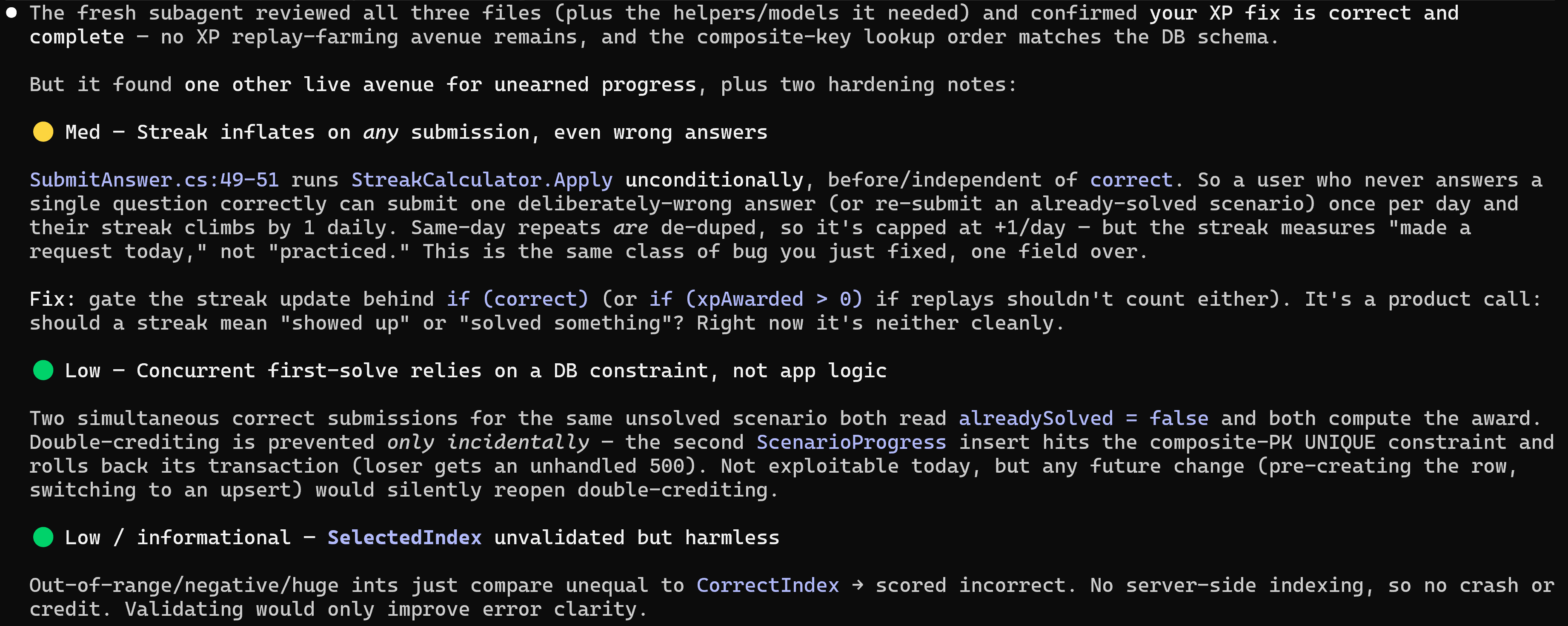 A fresh Claude Code subagent's review findings, a medium-severity streak bug plus two lower-severity hardening notes