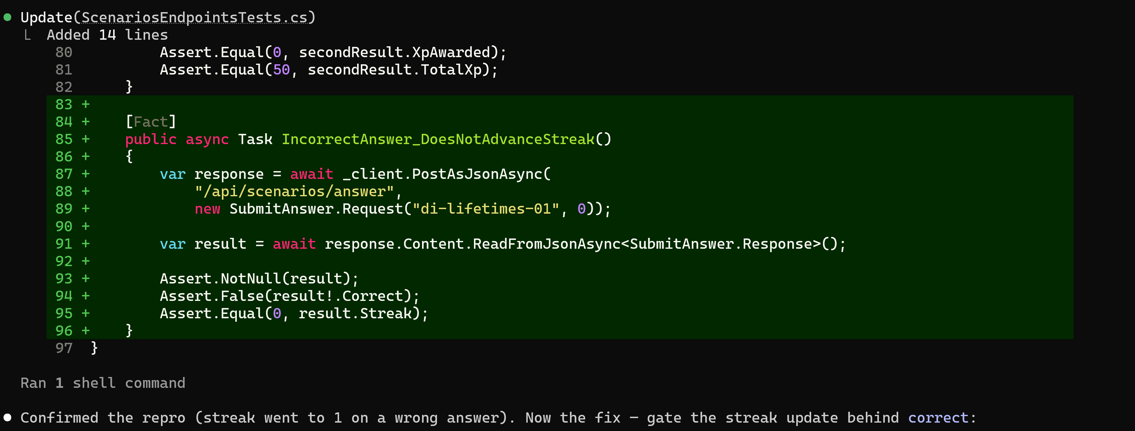 The failing streak test that submits a wrong answer and asserts the streak stays at 0.