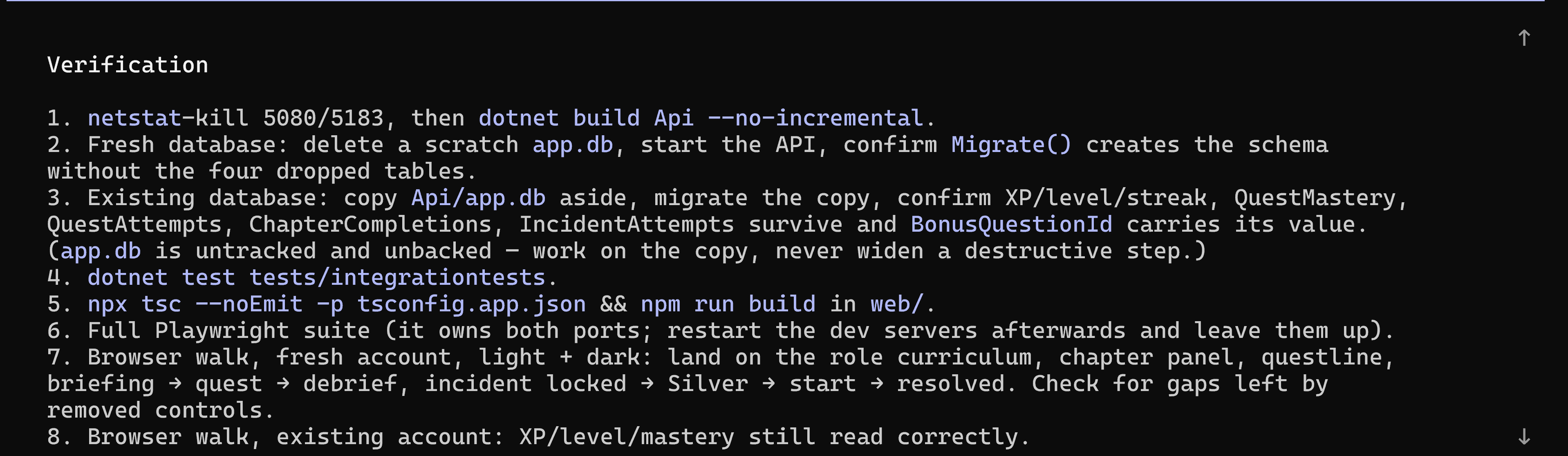 The first plan's Verification section, eight steps covering build, fresh database, existing database, tests, frontend build, Playwright, and browser walks.