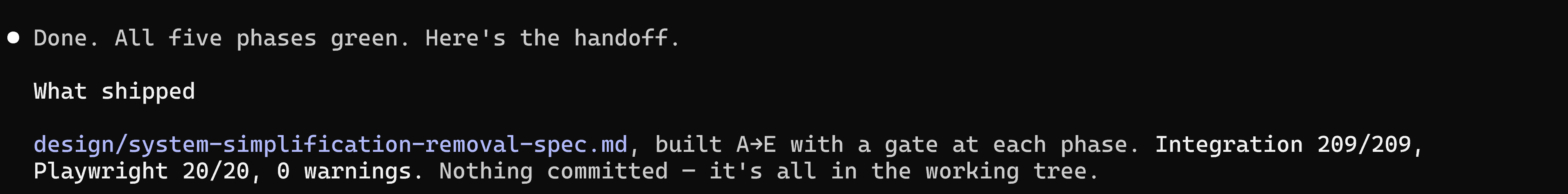Claude reporting all five phases green: 209 of 209 integration tests, 20 of 20 Playwright, 0 warnings.