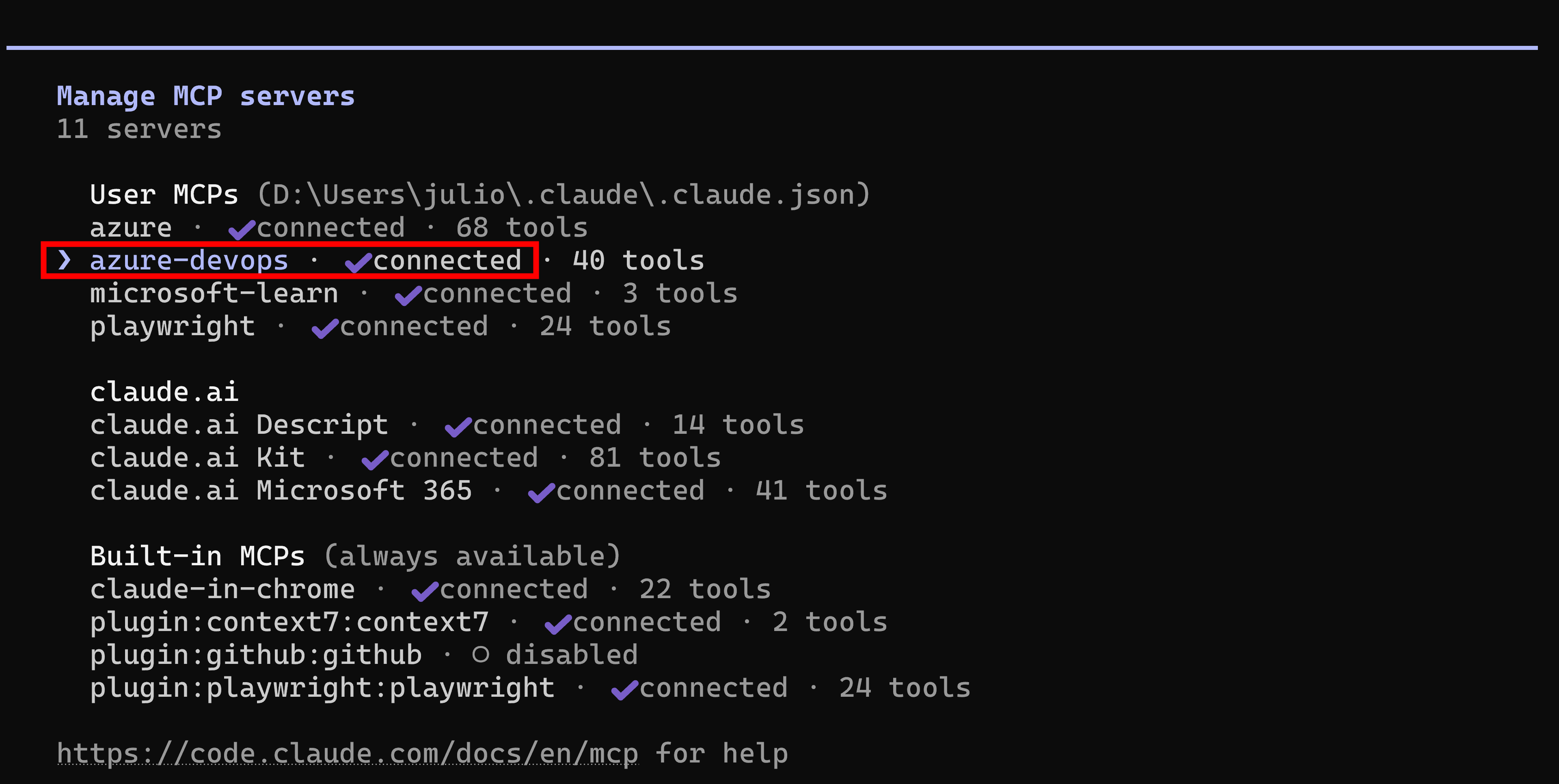 The /mcp server list in Claude Code, with azure-devops showing as connected and 40 tools.