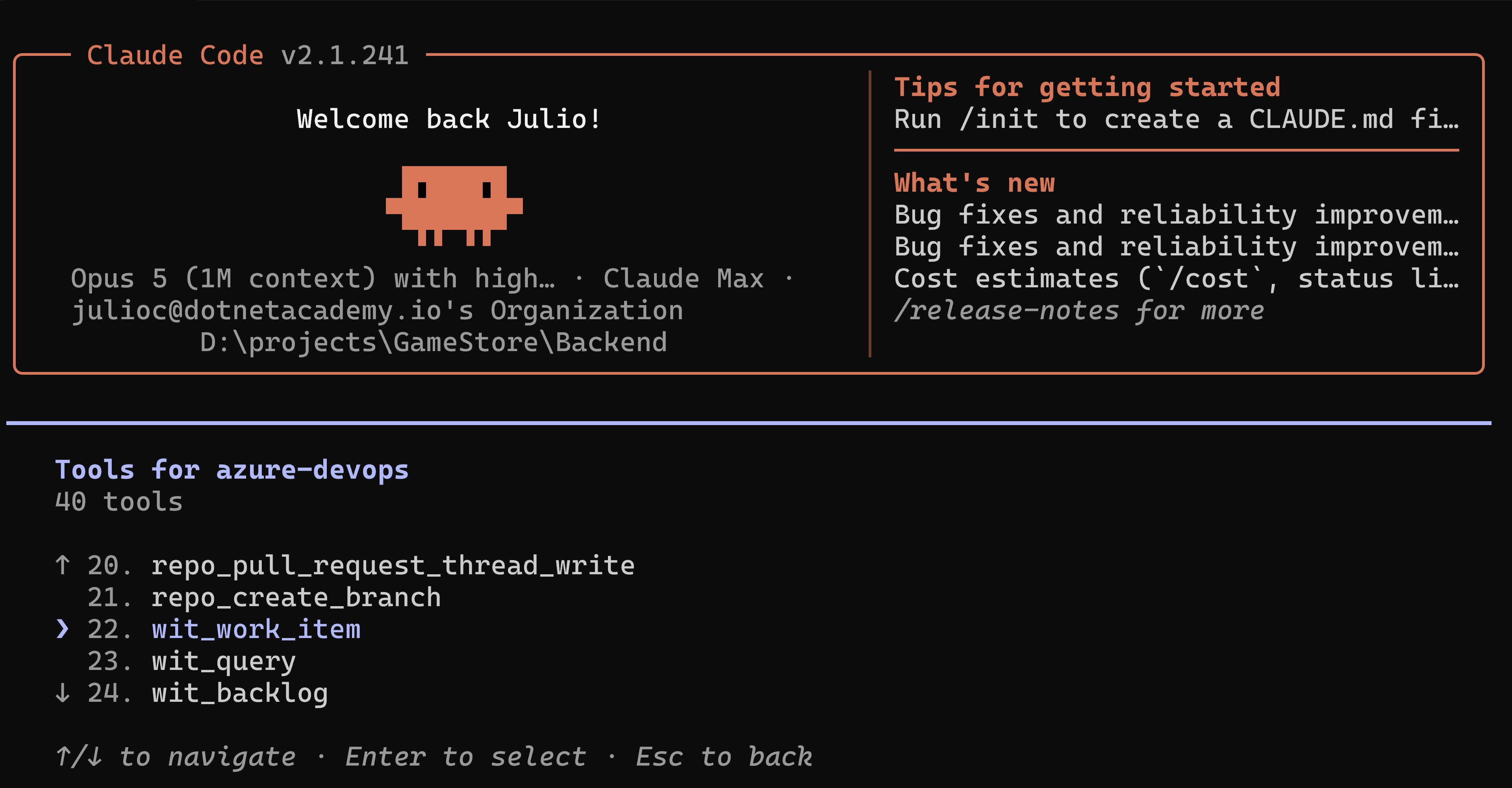 The azure-devops MCP server tool list in Claude Code, showing work item, repository and pull request tools.