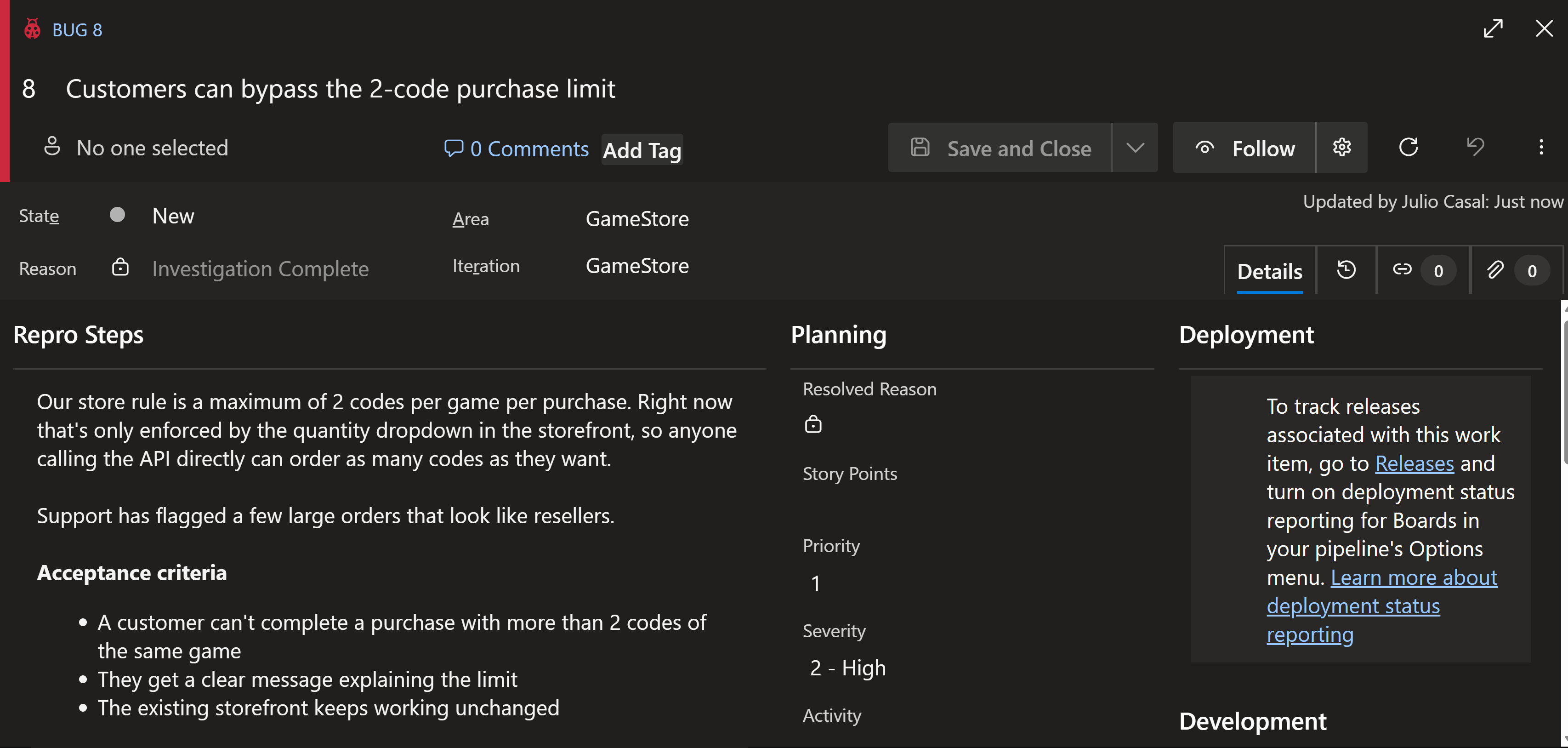 Azure DevOps work item 8, a bug titled "Customers can bypass the 2-code purchase limit", with three acceptance criteria.