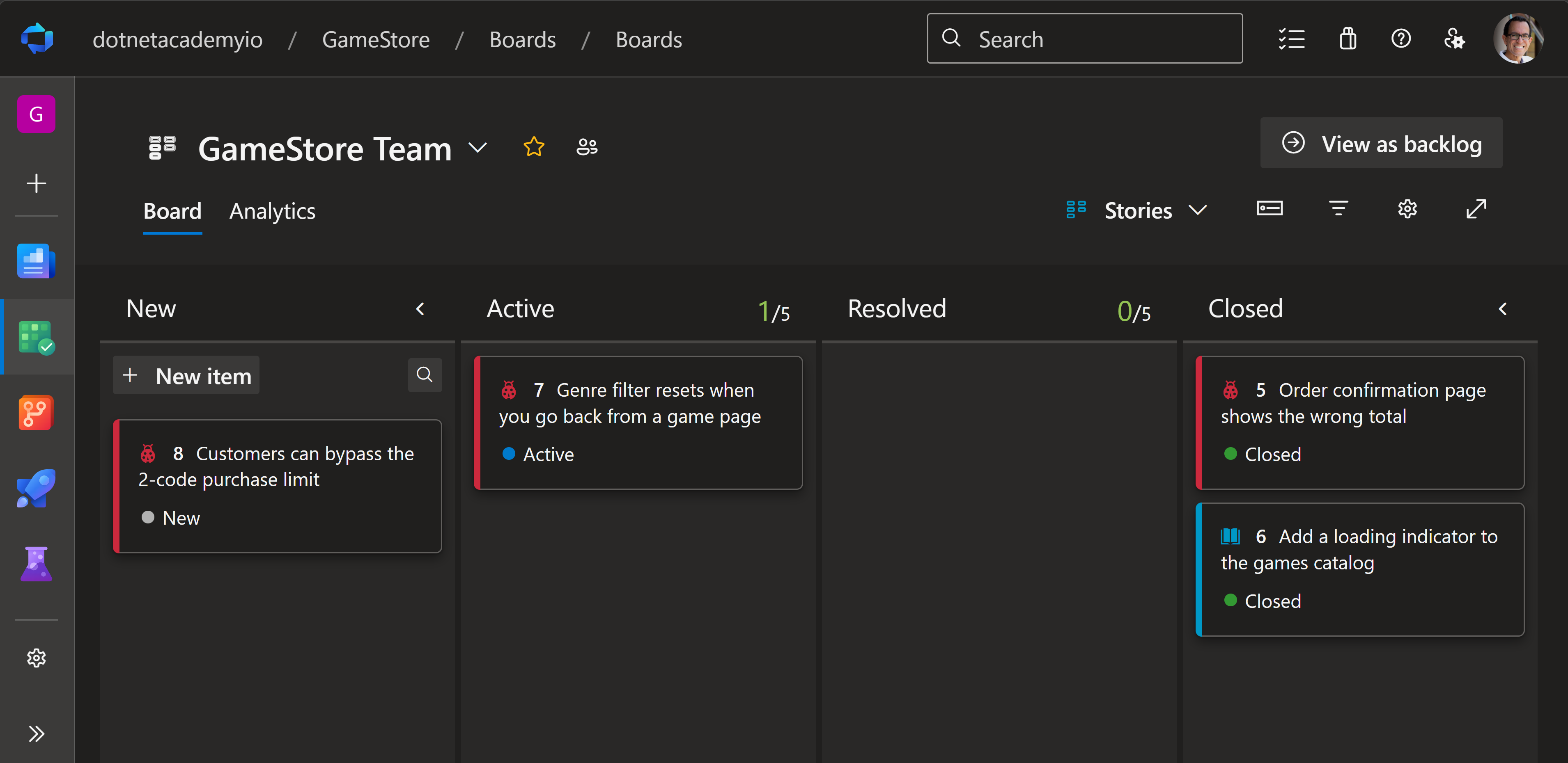 The GameStore team board in Azure DevOps, with bug 8 in the New column, bug 7 in Active, and two closed items.