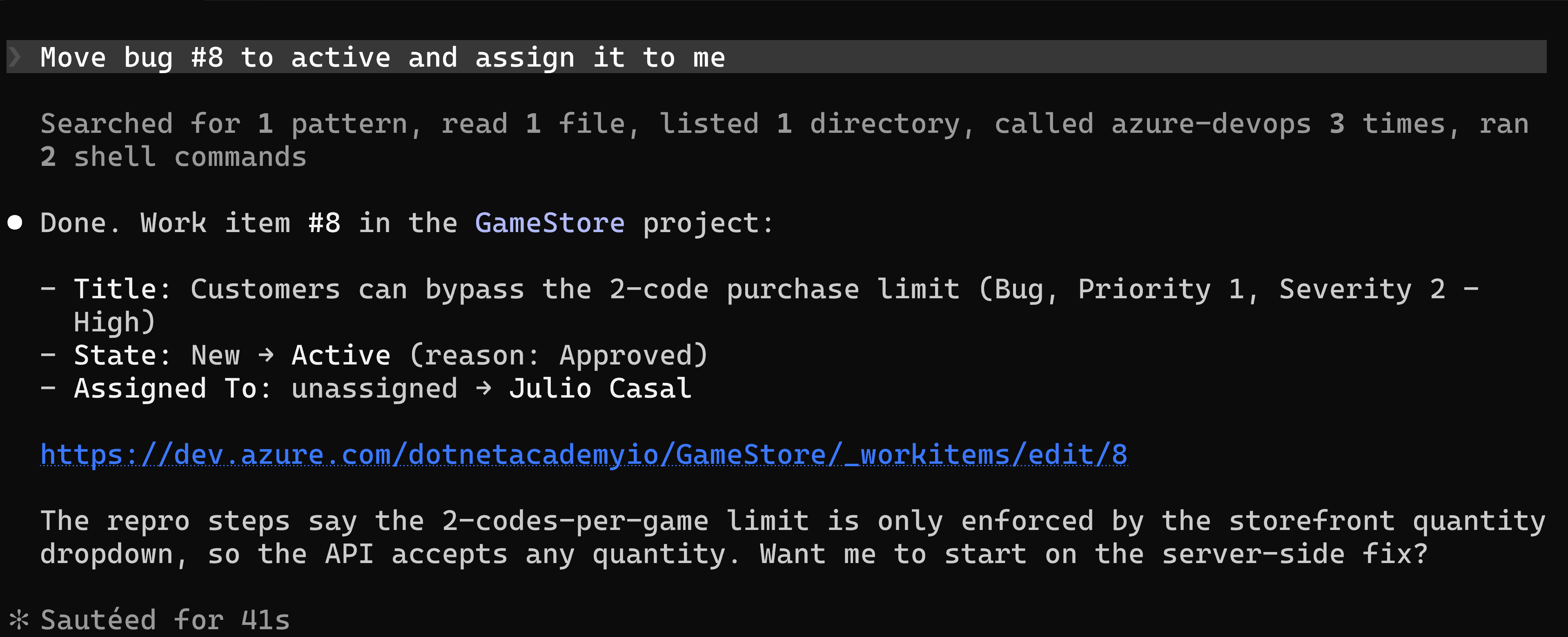 Claude Code calling the Azure DevOps MCP server to move work item 8 to Active and assign it, then reporting the result.