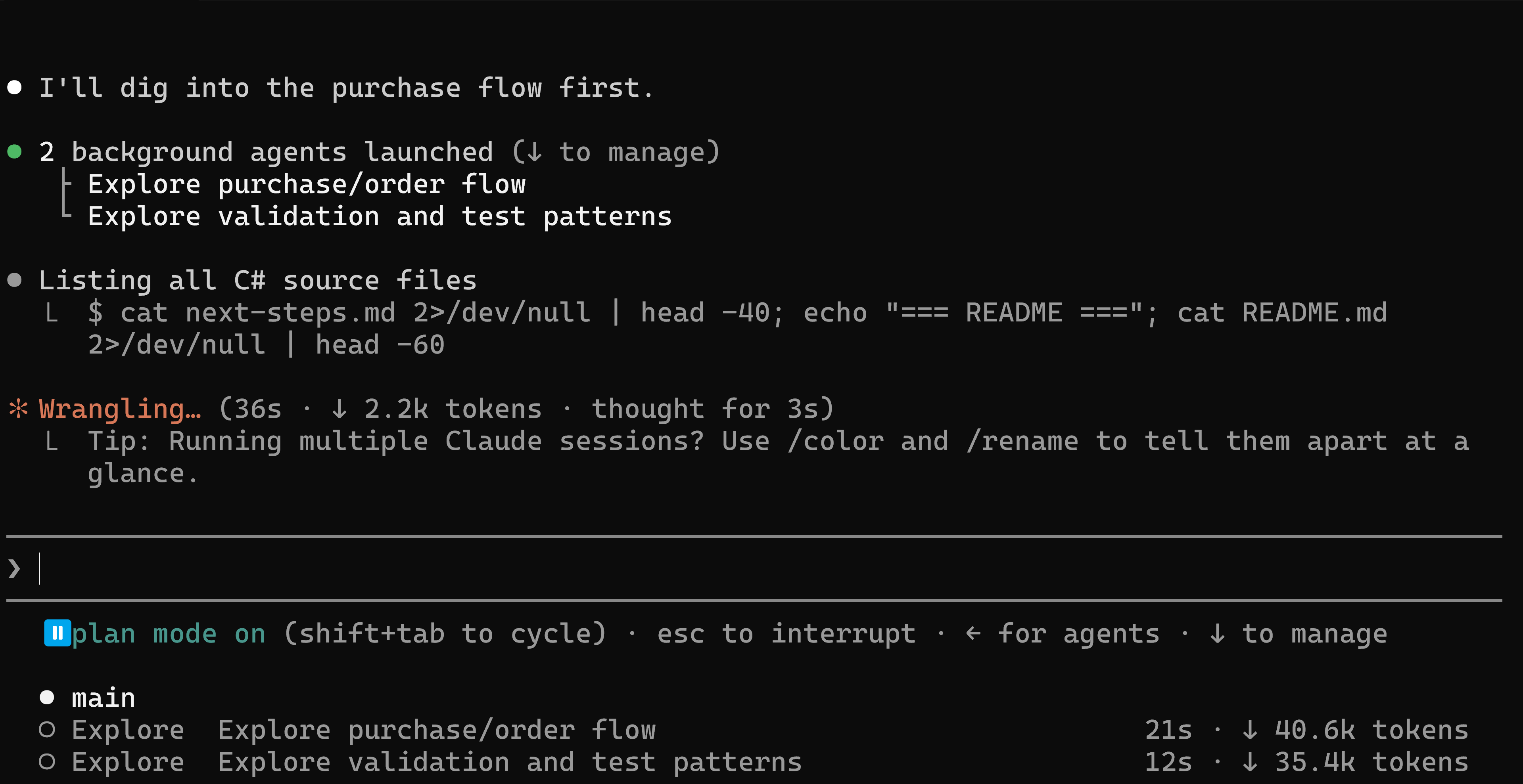 Claude Code launching two background explorer agents, one on the purchase and order flow and one on validation and test patterns, with token counts of 40.6k and 35.4k.
