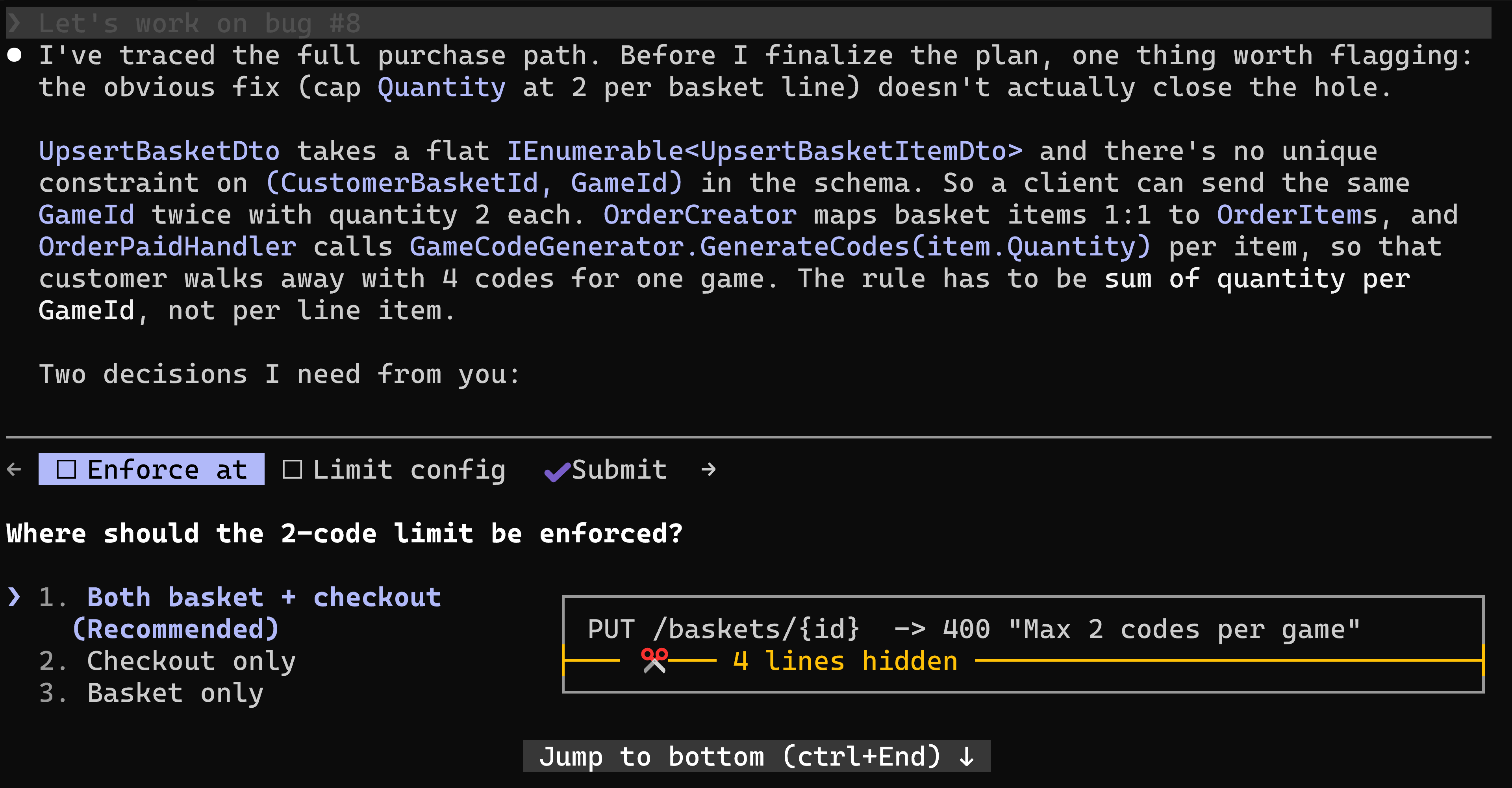 Claude Code explaining that capping quantity at 2 per basket line does not close the hole, because the same game can be sent twice across two basket lines.