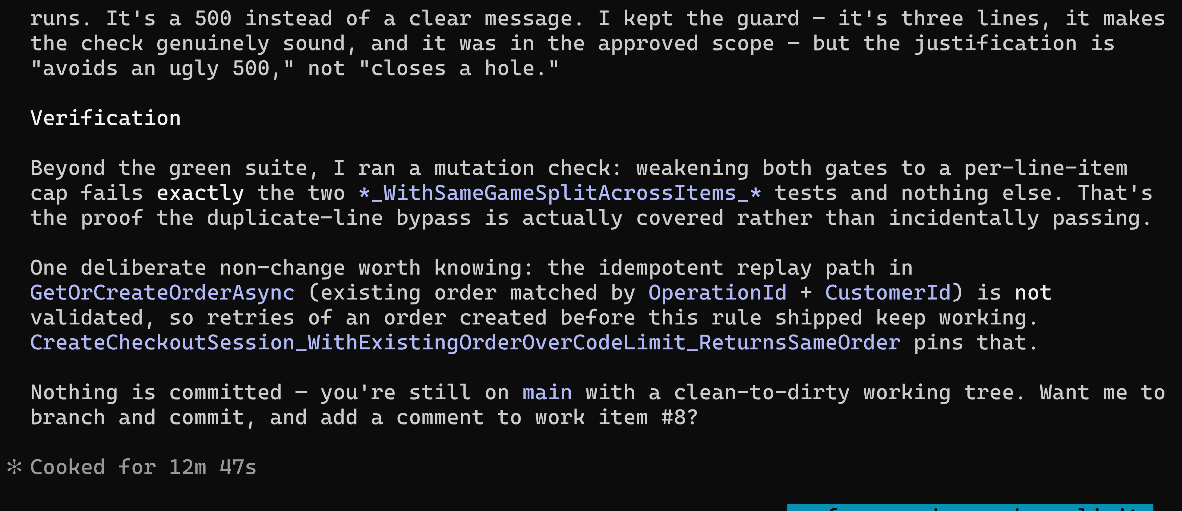 Claude Code's verification notes, reporting that putting a per-line-item cap back fails exactly the two tests covering the same game on two lines, and nothing else.